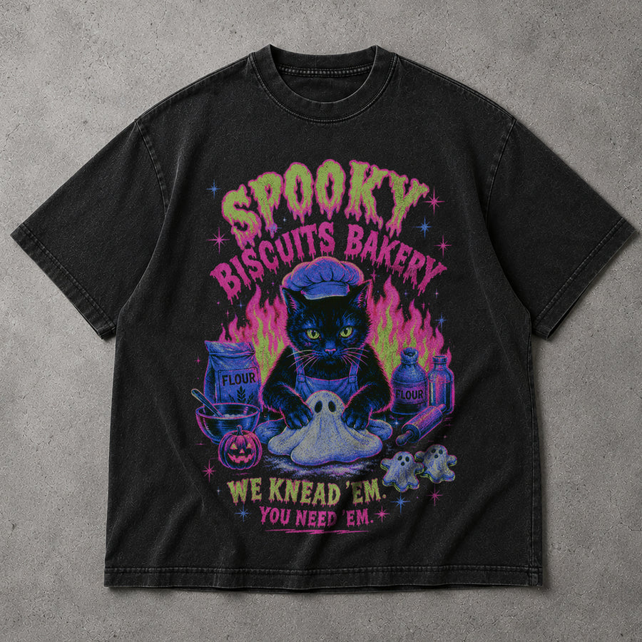 Neon Spooky Biscuits T-Shirt – Halloween Cat Bakery Graphic