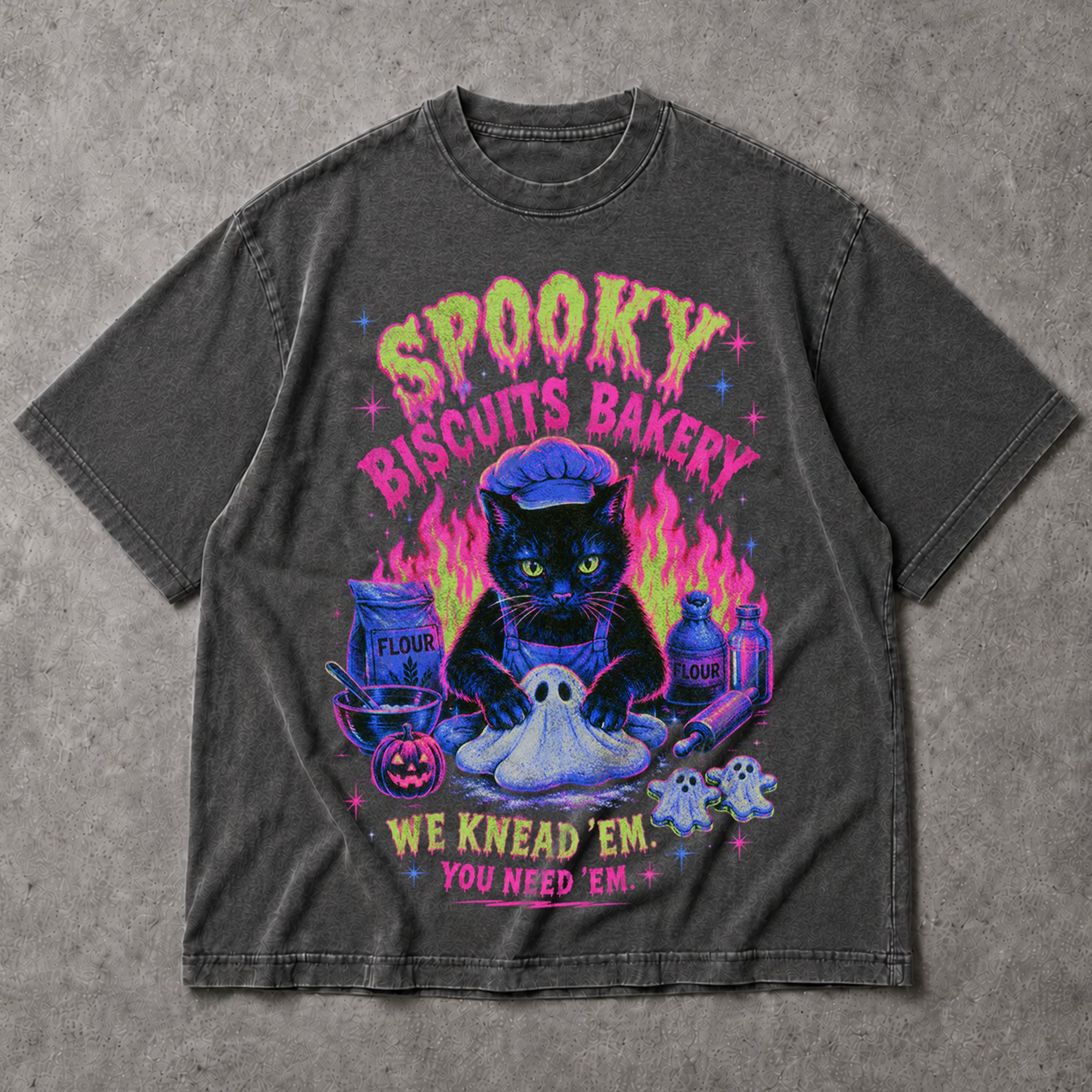 SF_COLOR=dark-heather; SF_ITEM=adult-t-shirt; SF_ROLE=main; Neon Spooky Biscuits Bakery Cat T-Shirt Halloween Ghost Dough Apparel - Dark Heather Adult T-Shirt product image