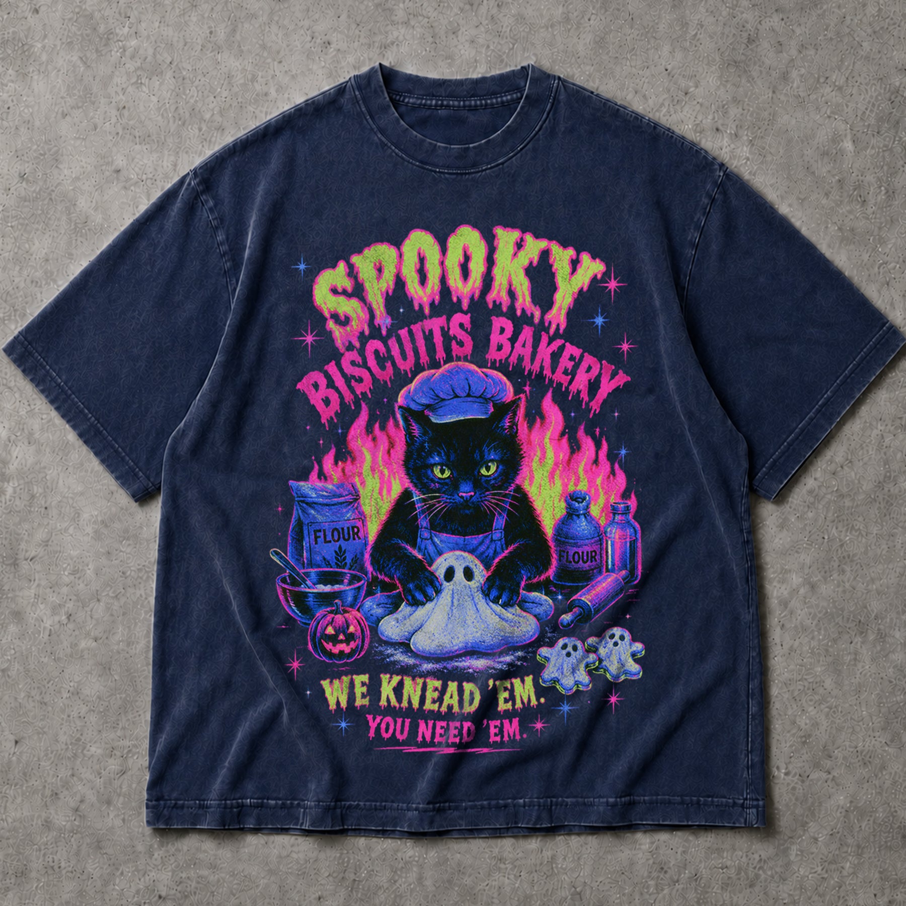SF_COLOR=navy; SF_ITEM=adult-t-shirt; SF_ROLE=main; Neon Spooky Biscuits Bakery Cat T-Shirt Halloween Ghost Dough Apparel - Navy Adult T-Shirt product image