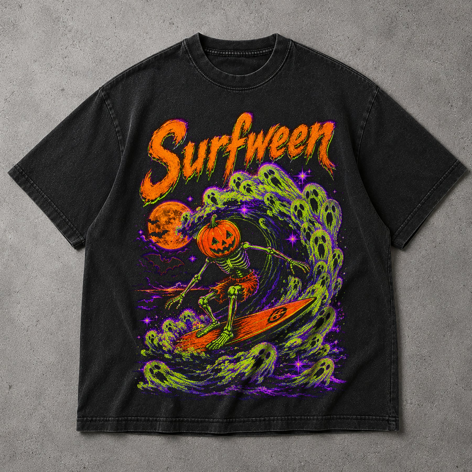 SF_COLOR=black; SF_ITEM=adult-t-shirt; SF_ROLE=main; Neon Surfween Surfing Skeleton T-Shirt Pumpkin Head Spooky Ghost Wave Tee - Black Adult T-Shirt product image