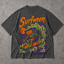 SF_COLOR=dark-heather; SF_ITEM=adult-t-shirt; SF_ROLE=main; Neon Surfween Surfing Skeleton T-Shirt Pumpkin Head Spooky Ghost Wave Tee - Dark Heather Adult T-Shirt product image