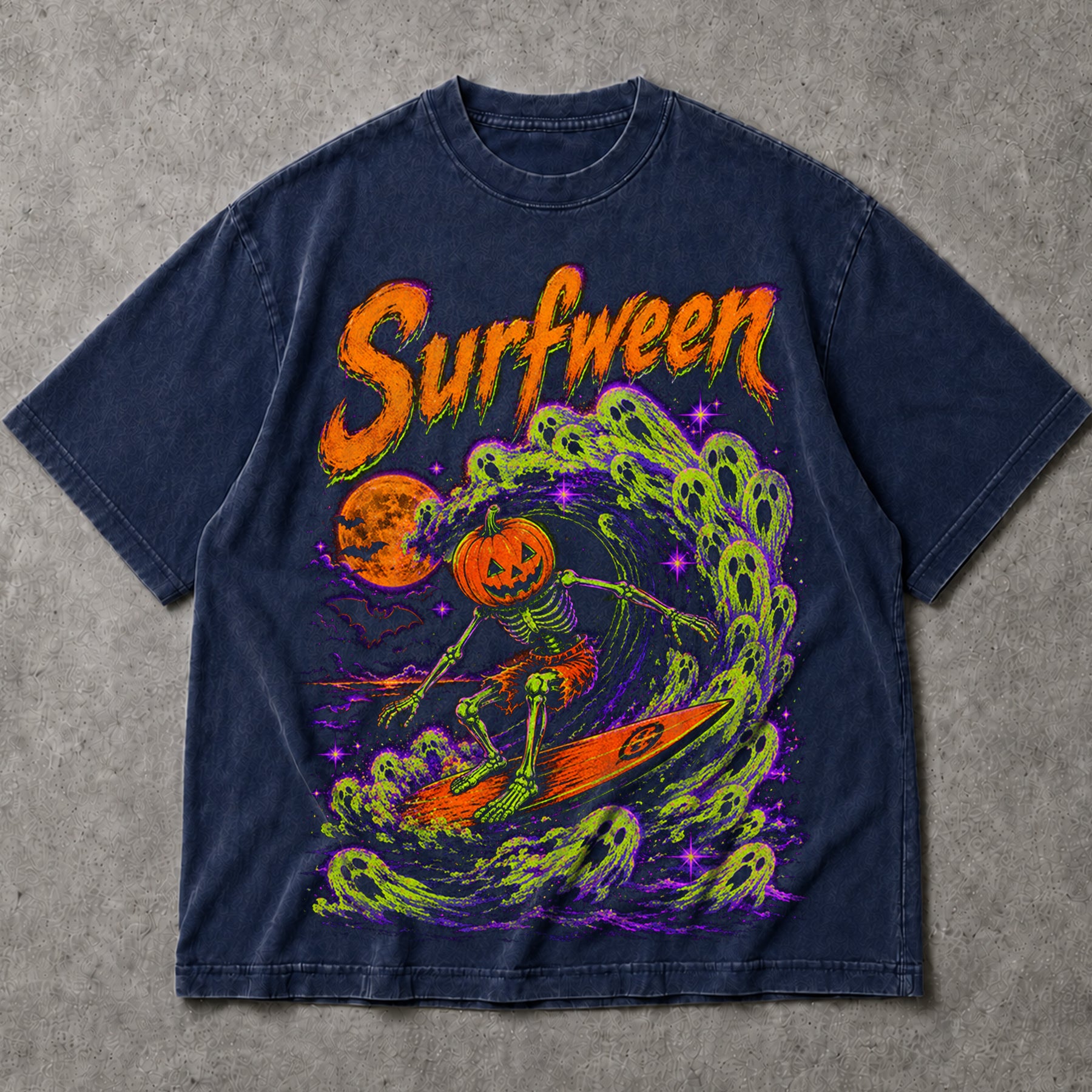 SF_COLOR=navy; SF_ITEM=adult-t-shirt; SF_ROLE=main; Neon Surfween Surfing Skeleton T-Shirt Pumpkin Head Spooky Ghost Wave Tee - Navy Adult T-Shirt product image