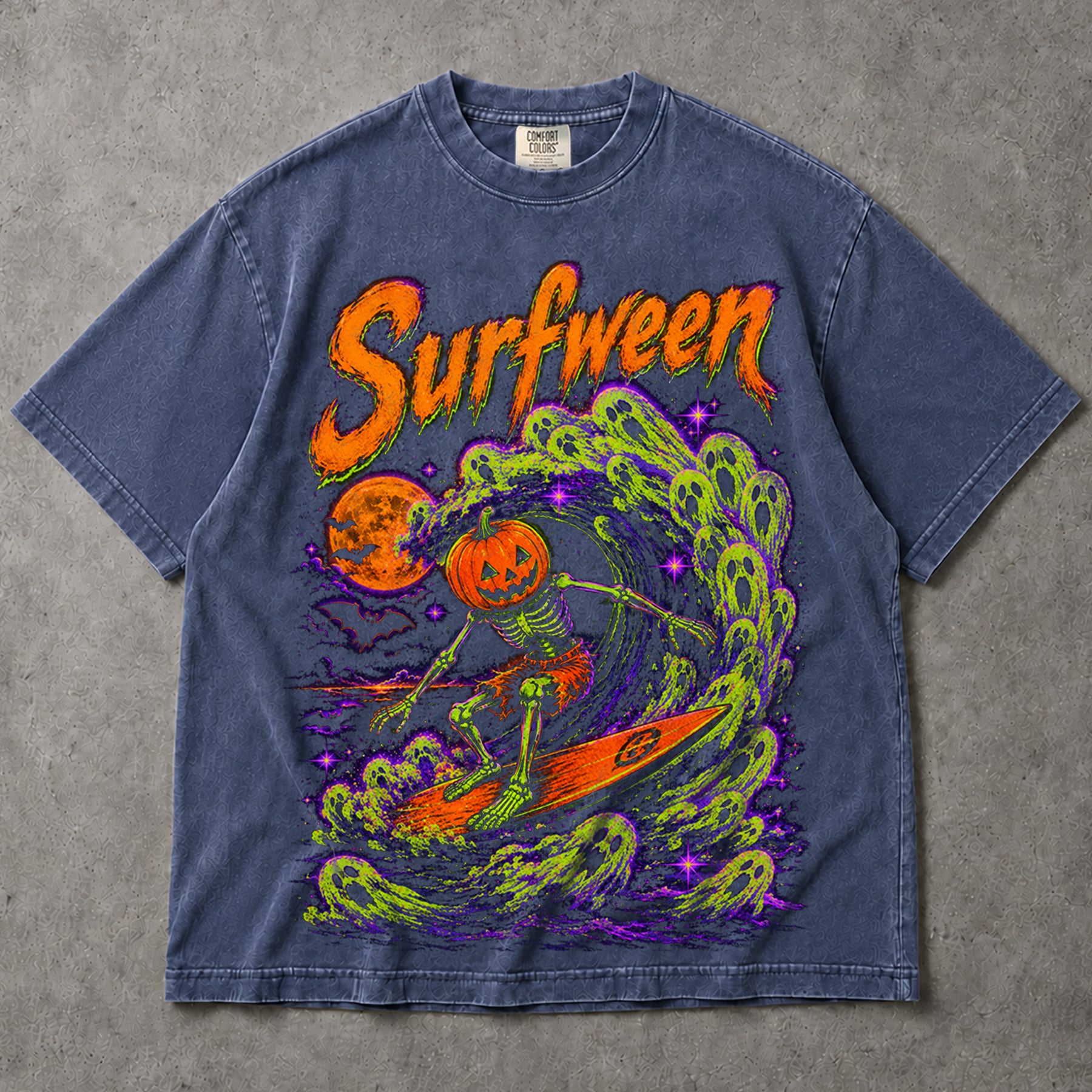 SF_COLOR=sport-grey|denim; SF_ITEM=adult-t-shirt; SF_ROLE=main; Neon Surfween Surfing Skeleton T-Shirt Pumpkin Head Spooky Ghost Wave Tee - Sport Grey, Denim Adult T-Shirt product image
