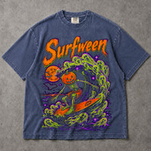SF_COLOR=sport-grey|denim; SF_ITEM=adult-t-shirt; SF_ROLE=main; Neon Surfween Surfing Skeleton T-Shirt Pumpkin Head Spooky Ghost Wave Tee - Sport Grey, Denim Adult T-Shirt product image