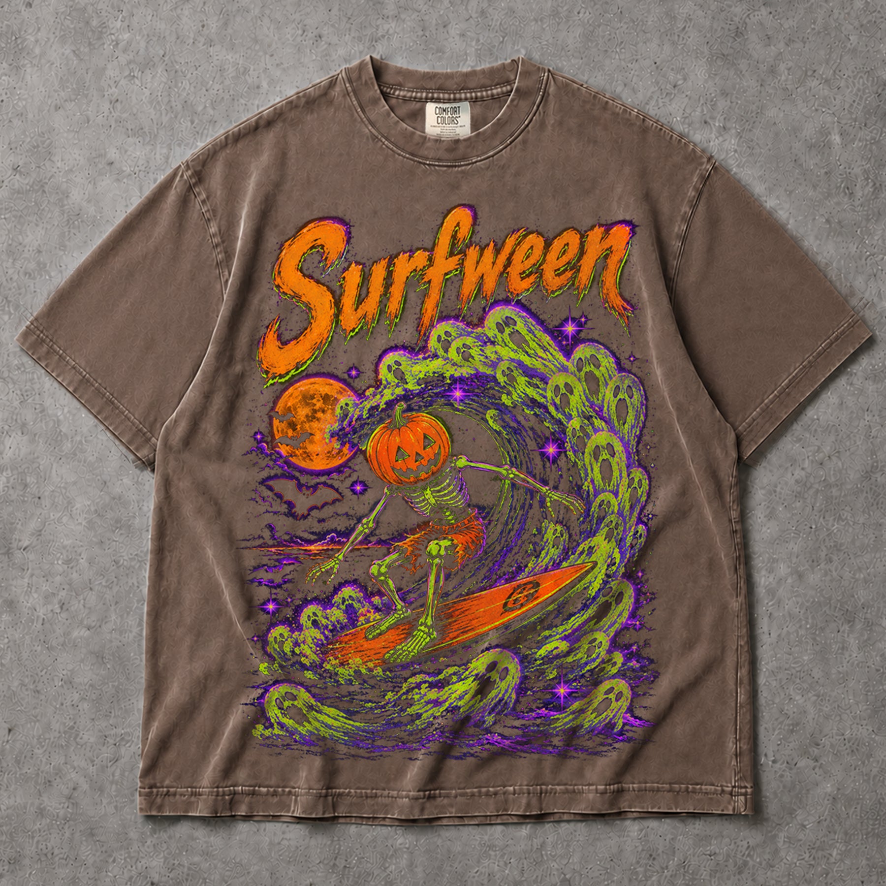 SF_COLOR=sport-grey|espresso; SF_ITEM=adult-t-shirt; SF_ROLE=main; Neon Surfween Surfing Skeleton T-Shirt Pumpkin Head Spooky Ghost Wave Tee - Sport Grey, Espresso Adult T-Shirt product image