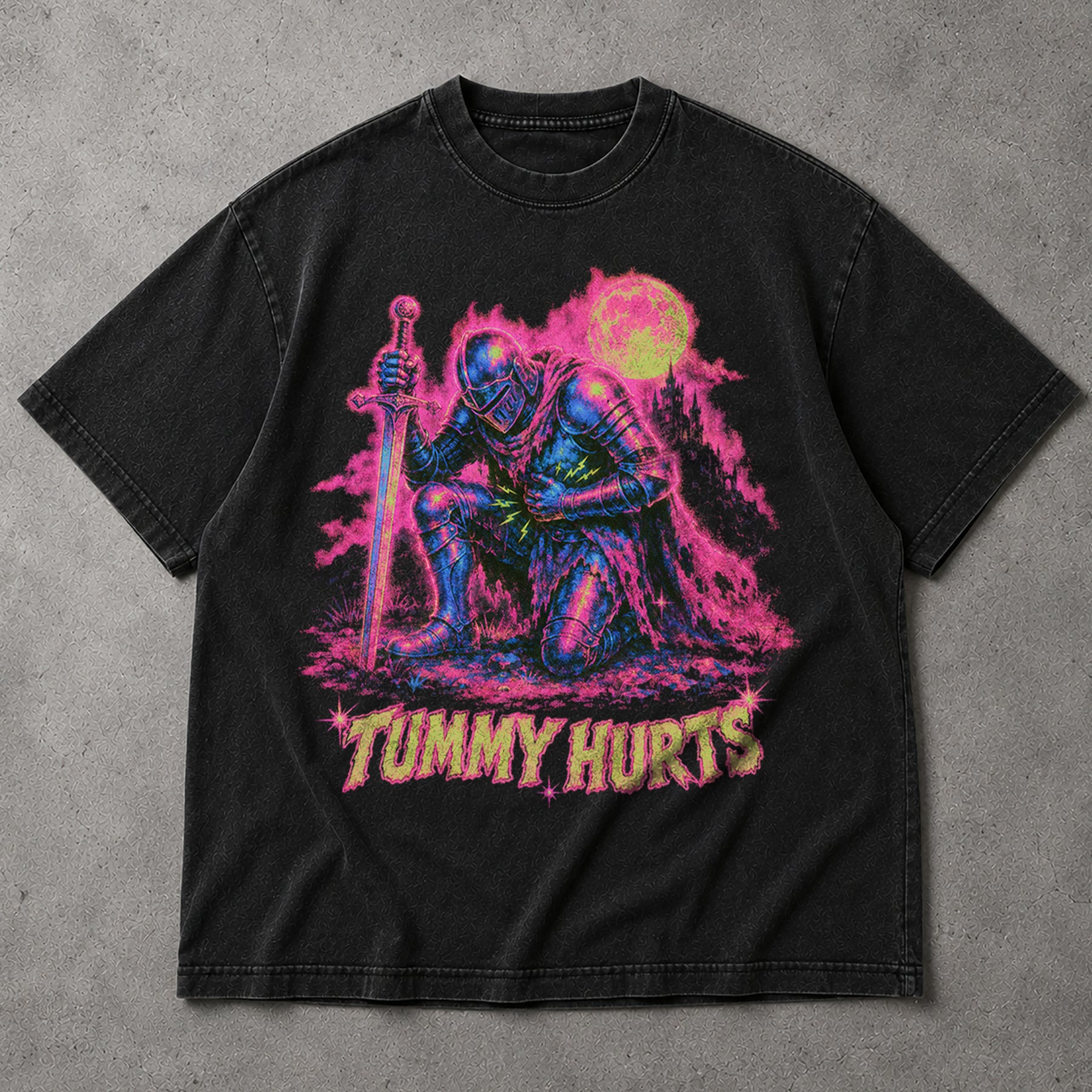 SF_COLOR=black; SF_ITEM=adult-t-shirt; SF_ROLE=main; Neon Tummy Hurts Knight T-Shirt Funny Chronic Illness Medieval Armor Tee - Black Adult T-Shirt product image