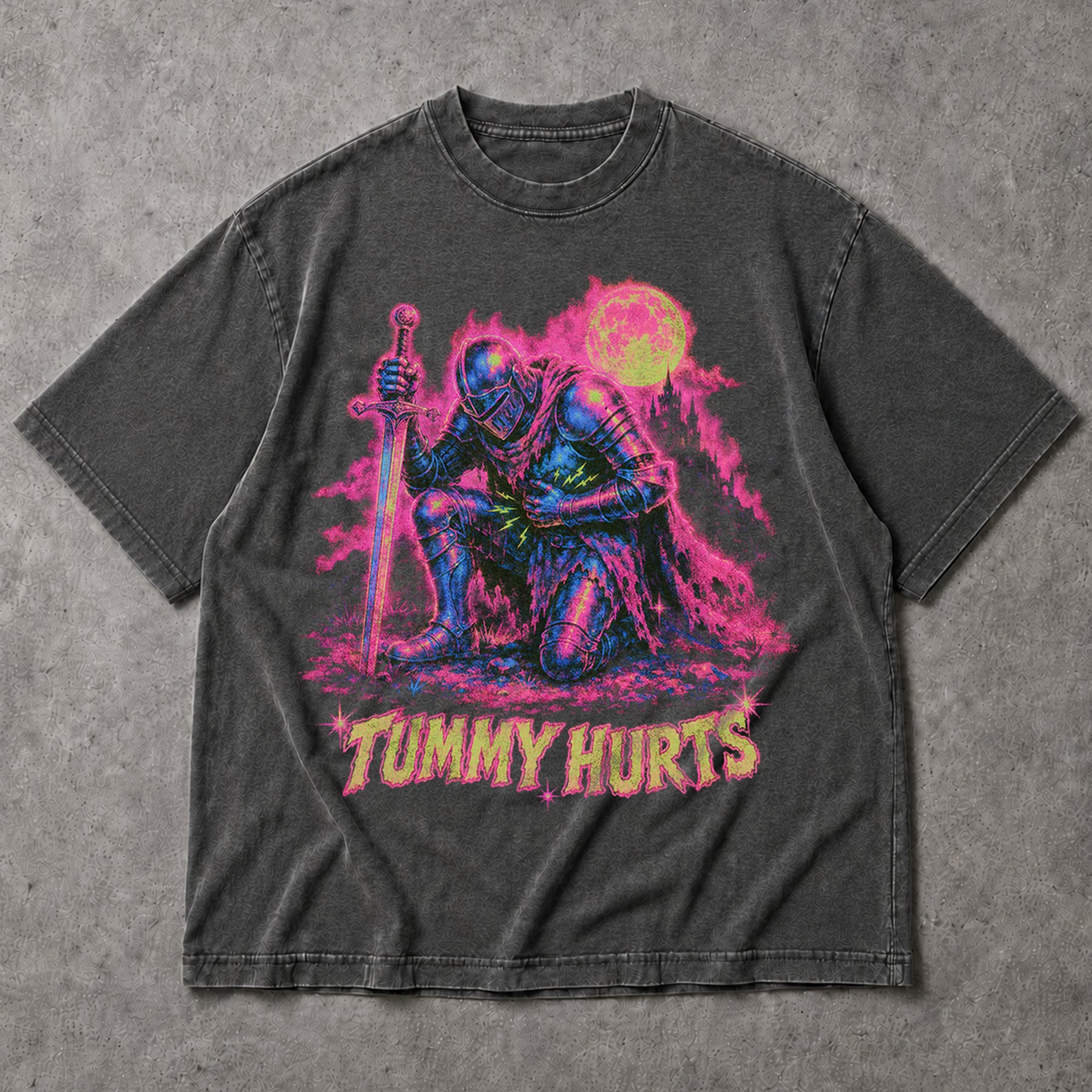 SF_COLOR=dark-heather; SF_ITEM=adult-t-shirt; SF_ROLE=main; Neon Tummy Hurts Knight T-Shirt Funny Chronic Illness Medieval Armor Tee - Dark Heather Adult T-Shirt product image