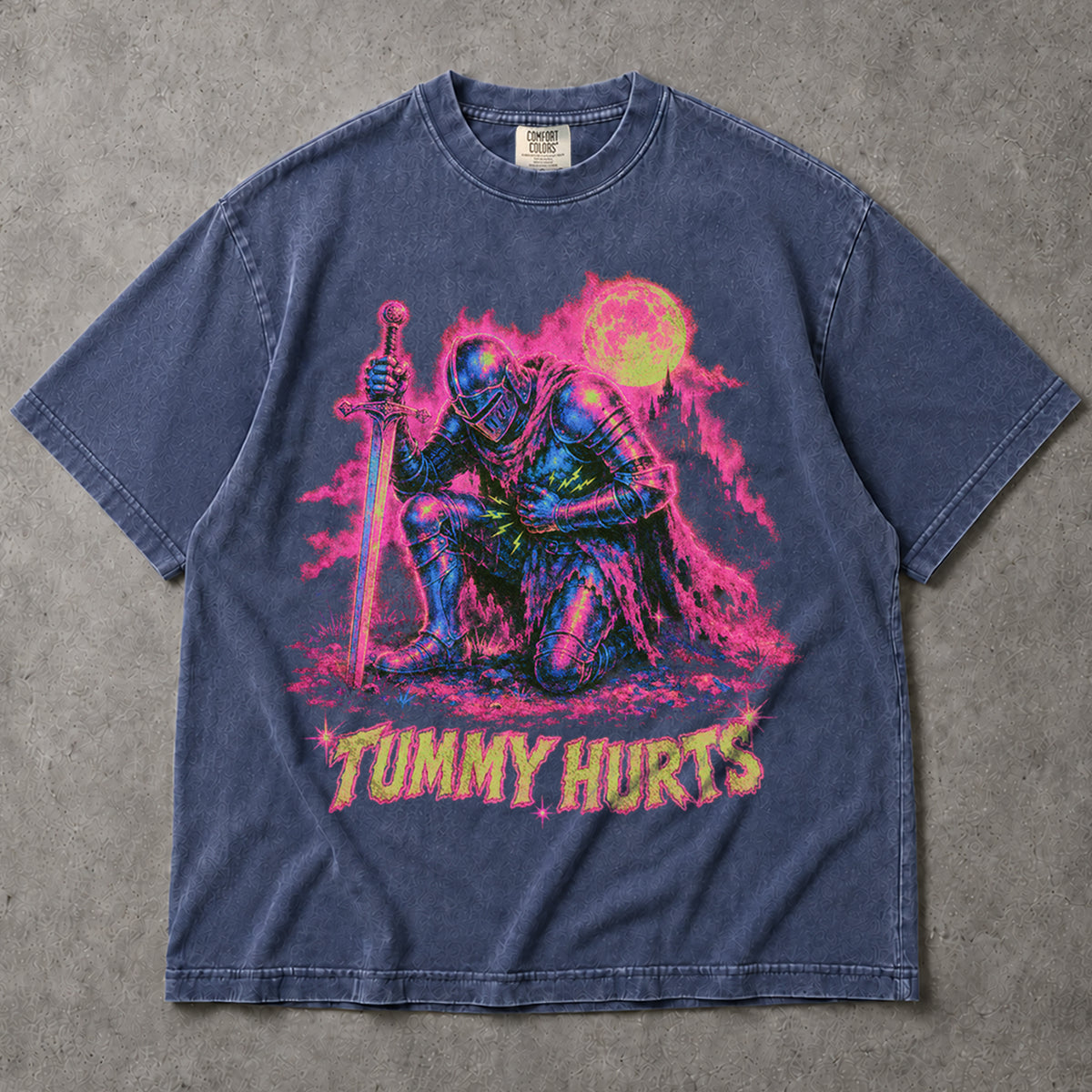 SF_COLOR=sport-grey|denim; SF_ITEM=adult-t-shirt; SF_ROLE=main; Neon Tummy Hurts Knight T-Shirt Funny Chronic Illness Medieval Armor Tee - Sport Grey, Denim Adult T-Shirt product image