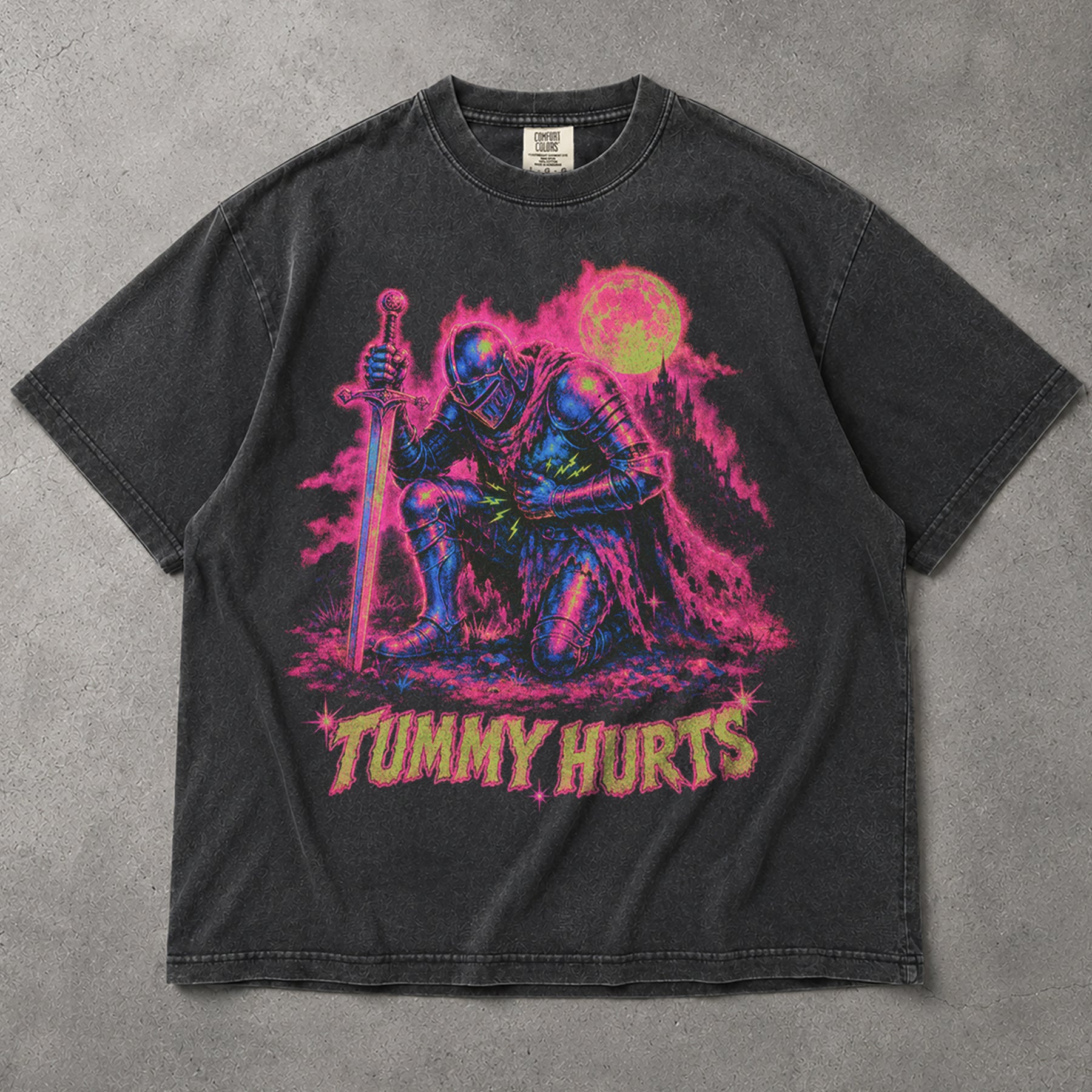 SF_COLOR=graphite; SF_ITEM=adult-t-shirt; SF_ROLE=main; Neon Tummy Hurts Knight T-Shirt Funny Chronic Illness Medieval Armor Tee - Graphite Adult T-Shirt product image