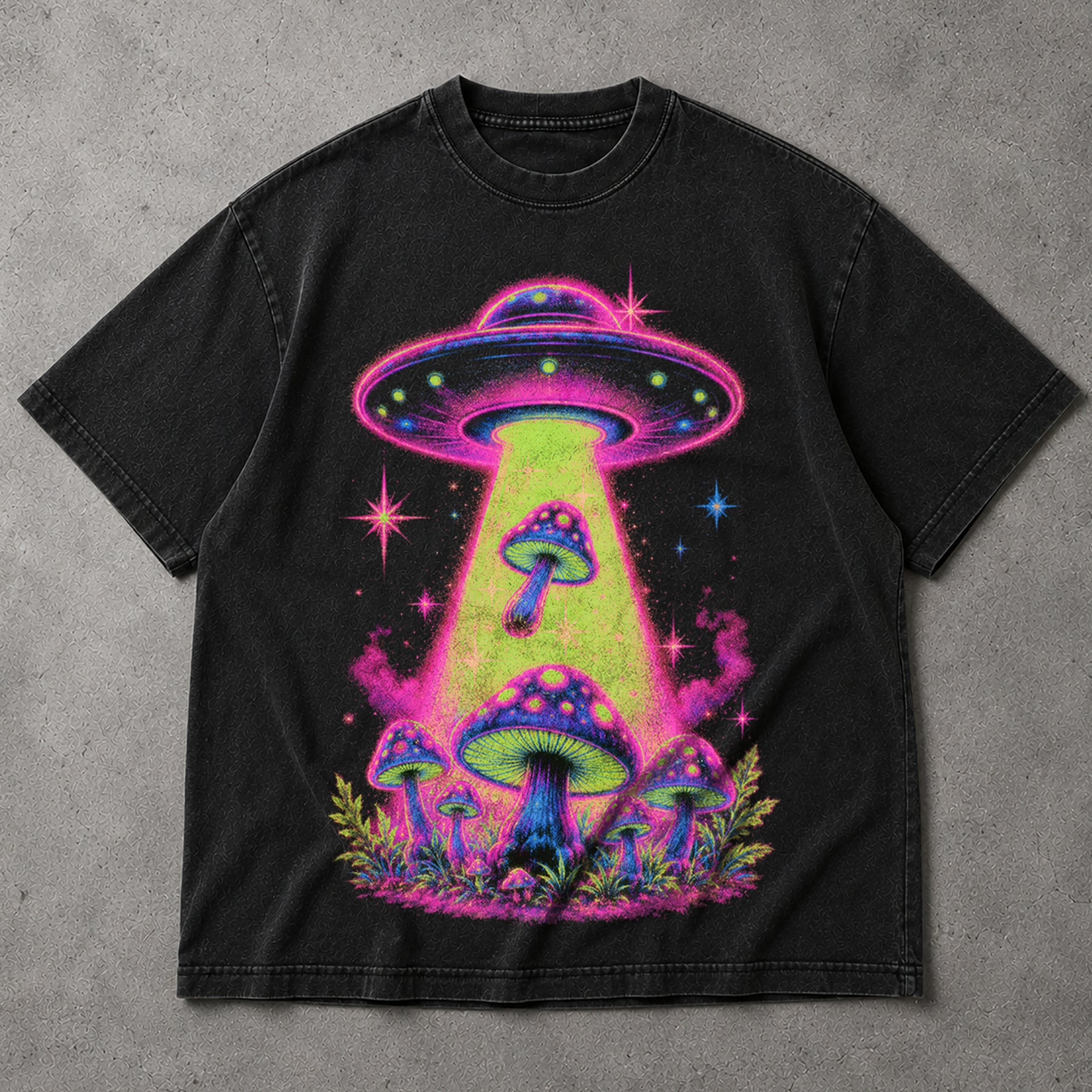 SF_COLOR=black; SF_ITEM=adult-t-shirt; SF_ROLE=main; Neon UFO Abduction Magic Mushrooms T-Shirt Psychedelic Sci Fi Nature Tee - Black Adult T-Shirt product image