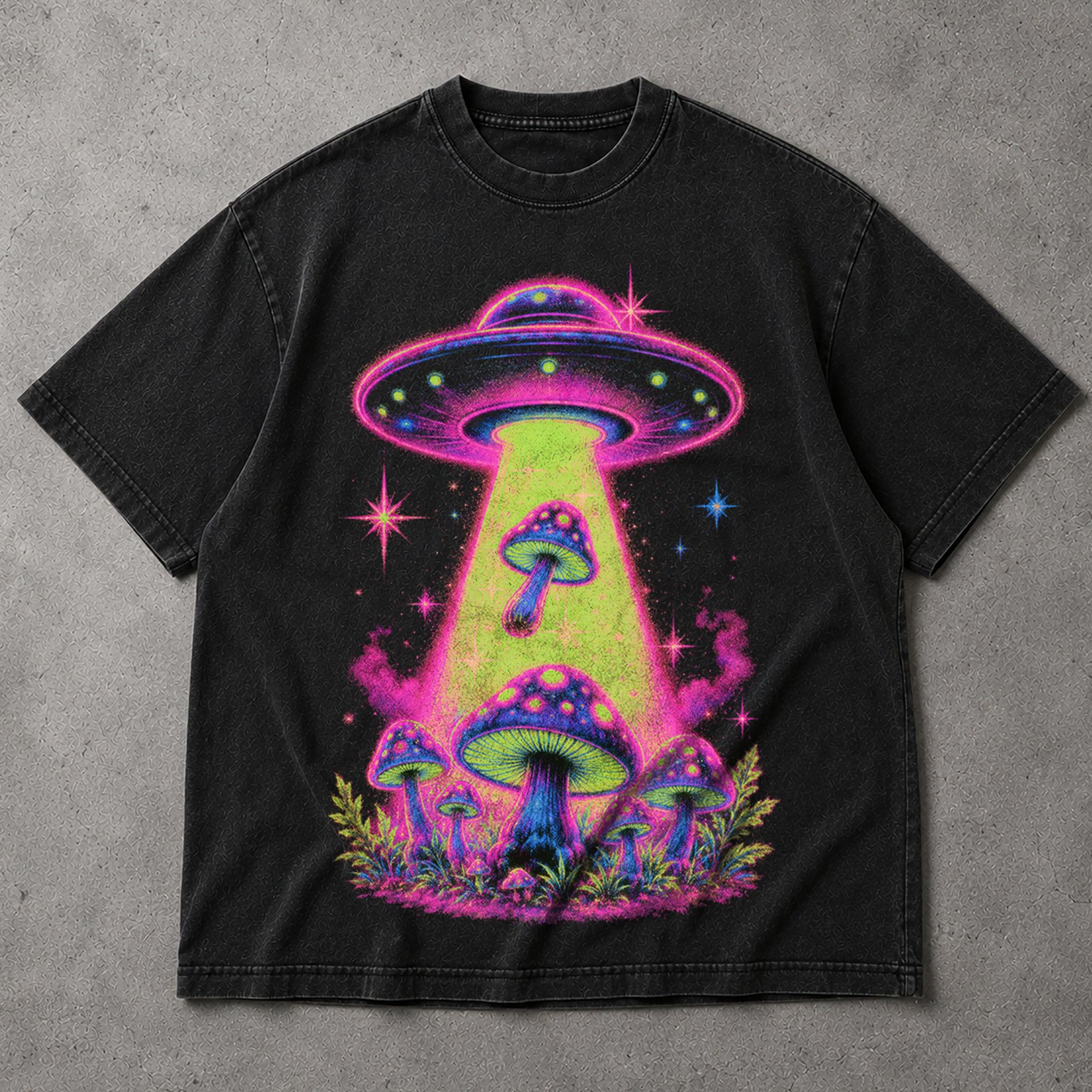 SF_COLOR=black; SF_ITEM=adult-t-shirt; SF_ROLE=main; Neon UFO Abduction Magic Mushrooms T-Shirt Psychedelic Sci Fi Nature Tee - Black Adult T-Shirt product image