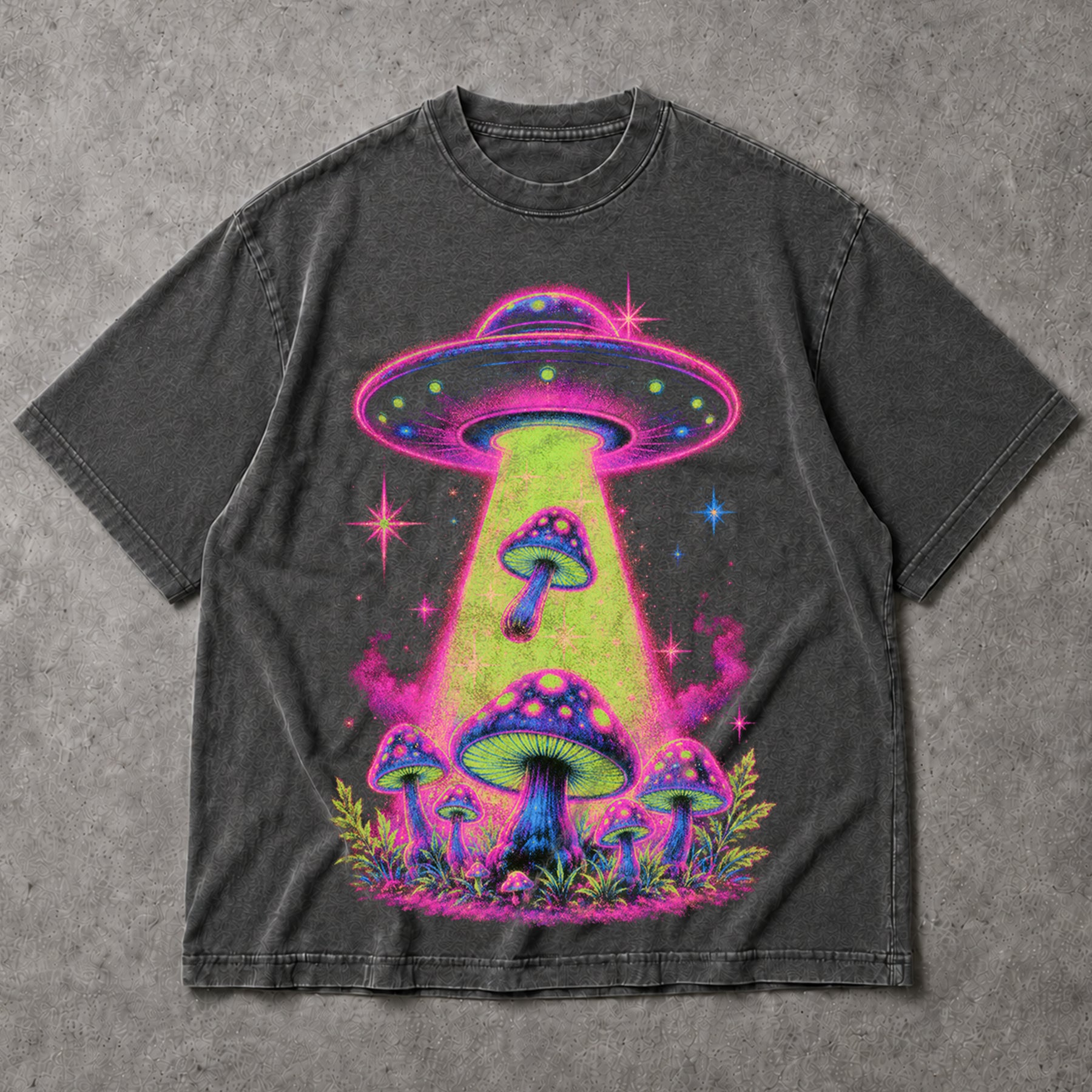 SF_COLOR=dark-heather; SF_ITEM=adult-t-shirt; SF_ROLE=main; Neon UFO Abduction Magic Mushrooms T-Shirt Psychedelic Sci Fi Nature Tee - Dark Heather Adult T-Shirt product image
