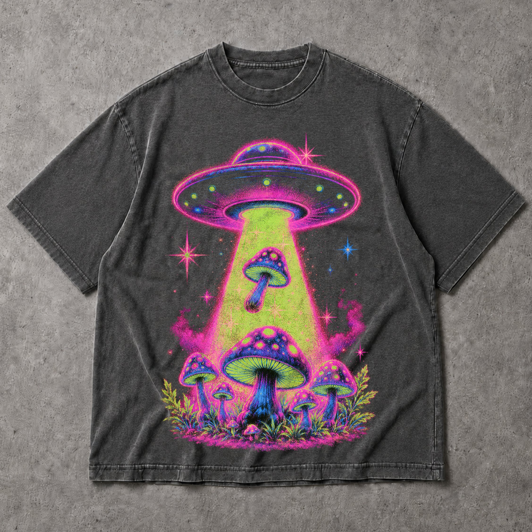 SF_COLOR=dark-heather; SF_ITEM=adult-t-shirt; SF_ROLE=main; Neon UFO Abduction Magic Mushrooms T-Shirt Psychedelic Sci Fi Nature Tee - Dark Heather Adult T-Shirt product image