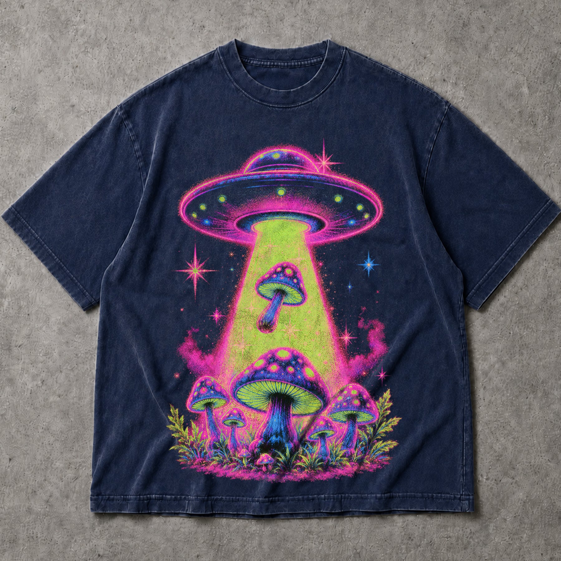 SF_COLOR=navy; SF_ITEM=adult-t-shirt; SF_ROLE=main; Neon UFO Abduction Magic Mushrooms T-Shirt Psychedelic Sci Fi Nature Tee - Navy Adult T-Shirt product image