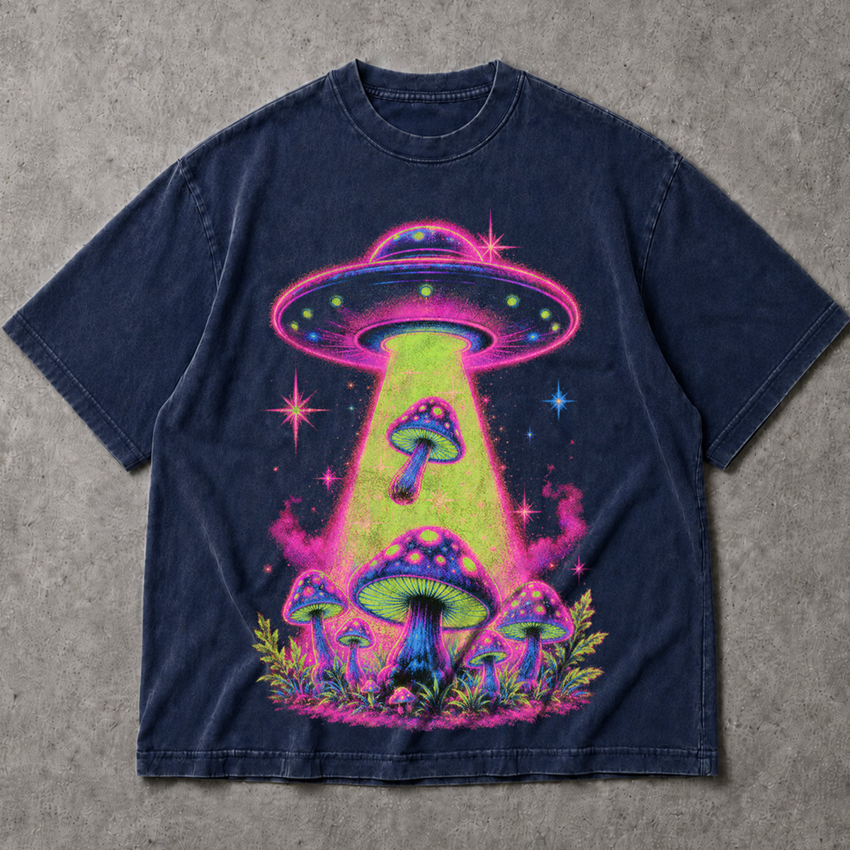 SF_COLOR=navy; SF_ITEM=adult-t-shirt; SF_ROLE=main; Neon UFO Abduction Magic Mushrooms T-Shirt Psychedelic Sci Fi Nature Tee - Navy Adult T-Shirt product image