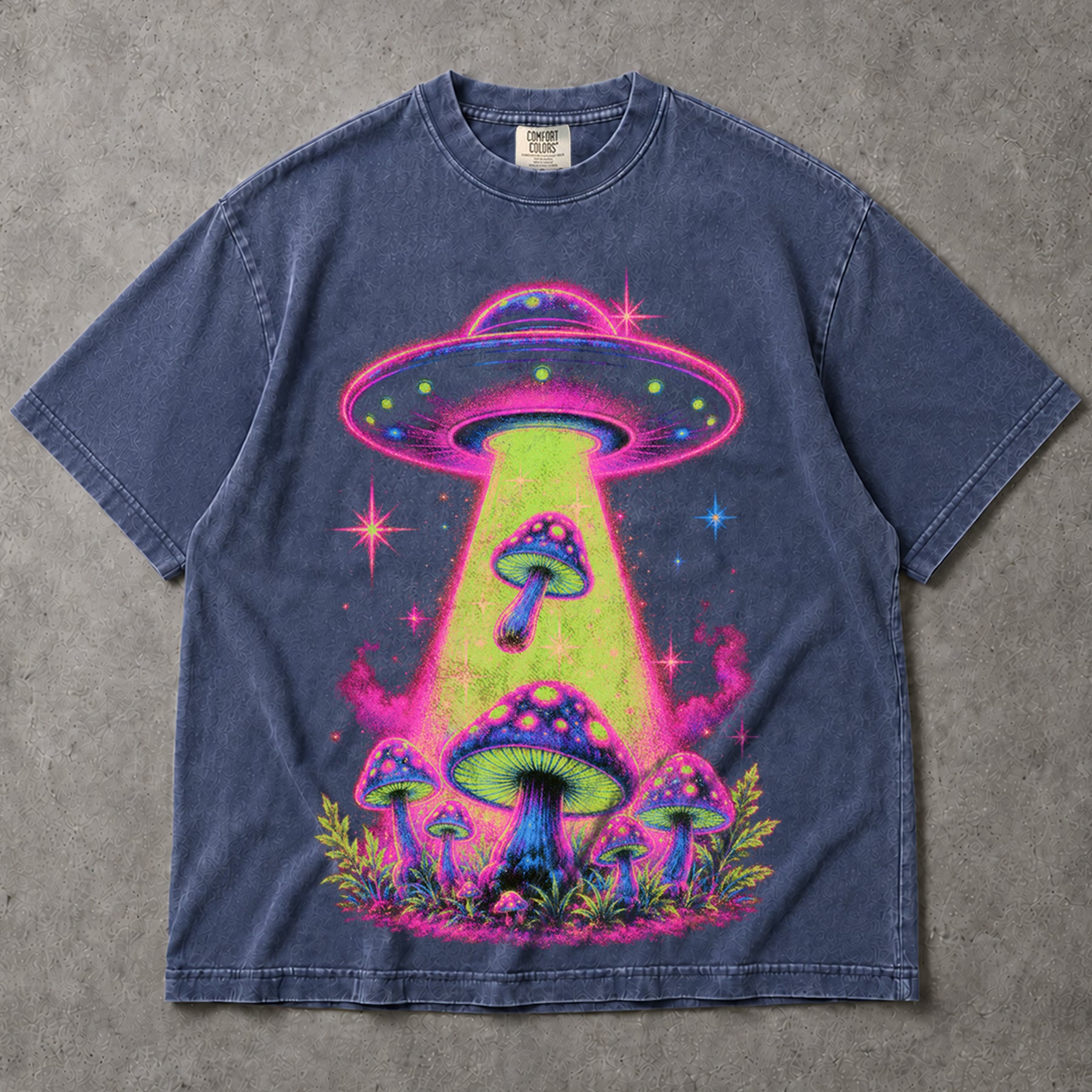 SF_COLOR=sport-grey|denim; SF_ITEM=adult-t-shirt; SF_ROLE=main; Neon UFO Abduction Magic Mushrooms T-Shirt Psychedelic Sci Fi Nature Tee - Sport Grey, Denim Adult T-Shirt product image
