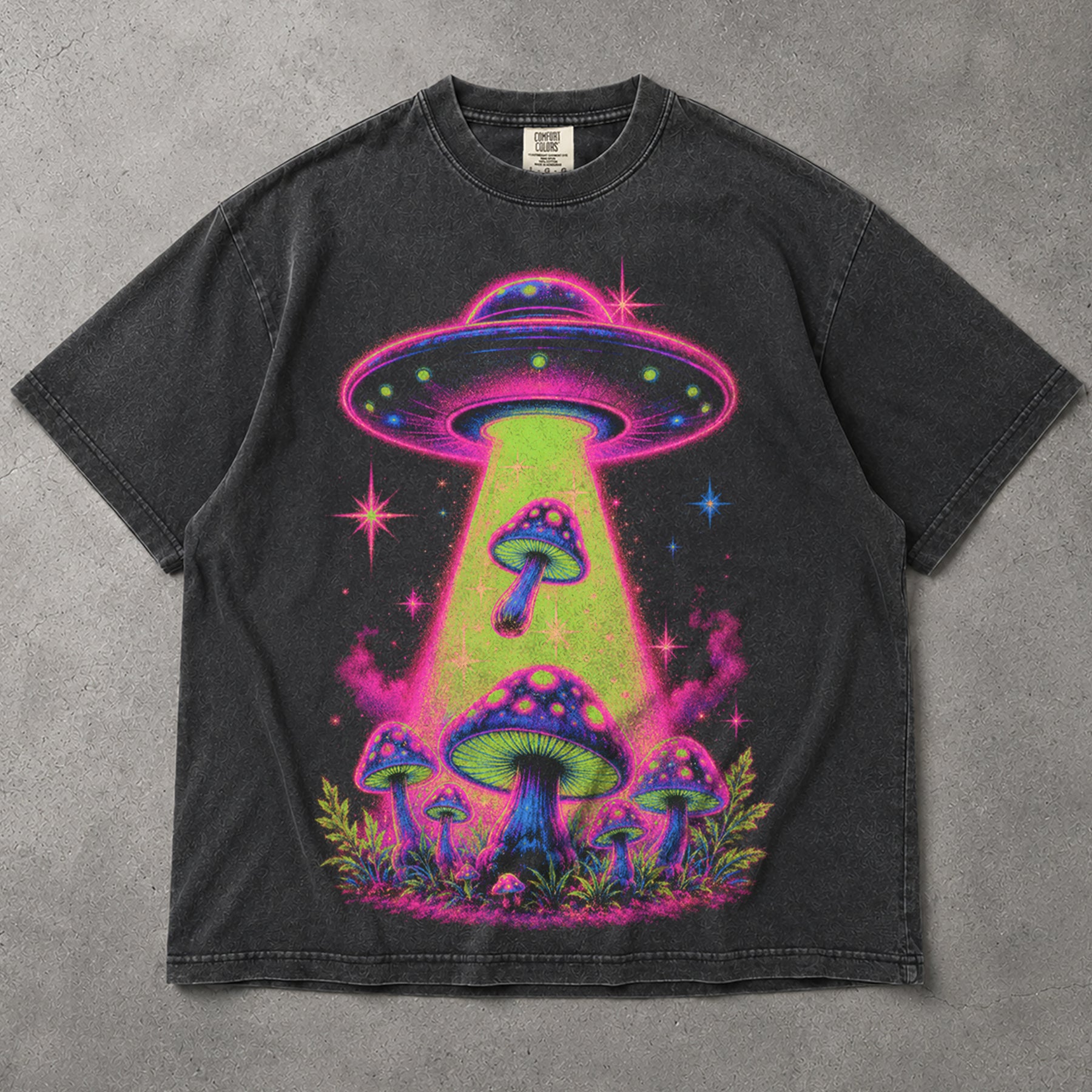 SF_COLOR=graphite; SF_ITEM=adult-t-shirt; SF_ROLE=main; Neon UFO Abduction Magic Mushrooms T-Shirt Psychedelic Sci Fi Nature Tee - Graphite Adult T-Shirt product image