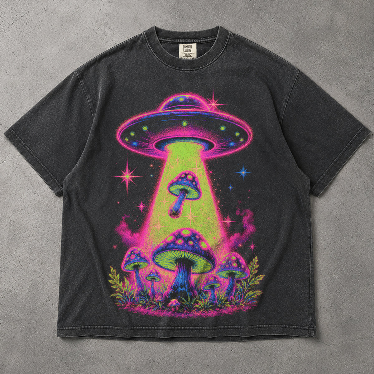 SF_COLOR=graphite; SF_ITEM=adult-t-shirt; SF_ROLE=main; Neon UFO Abduction Magic Mushrooms T-Shirt Psychedelic Sci Fi Nature Tee - Graphite Adult T-Shirt product image