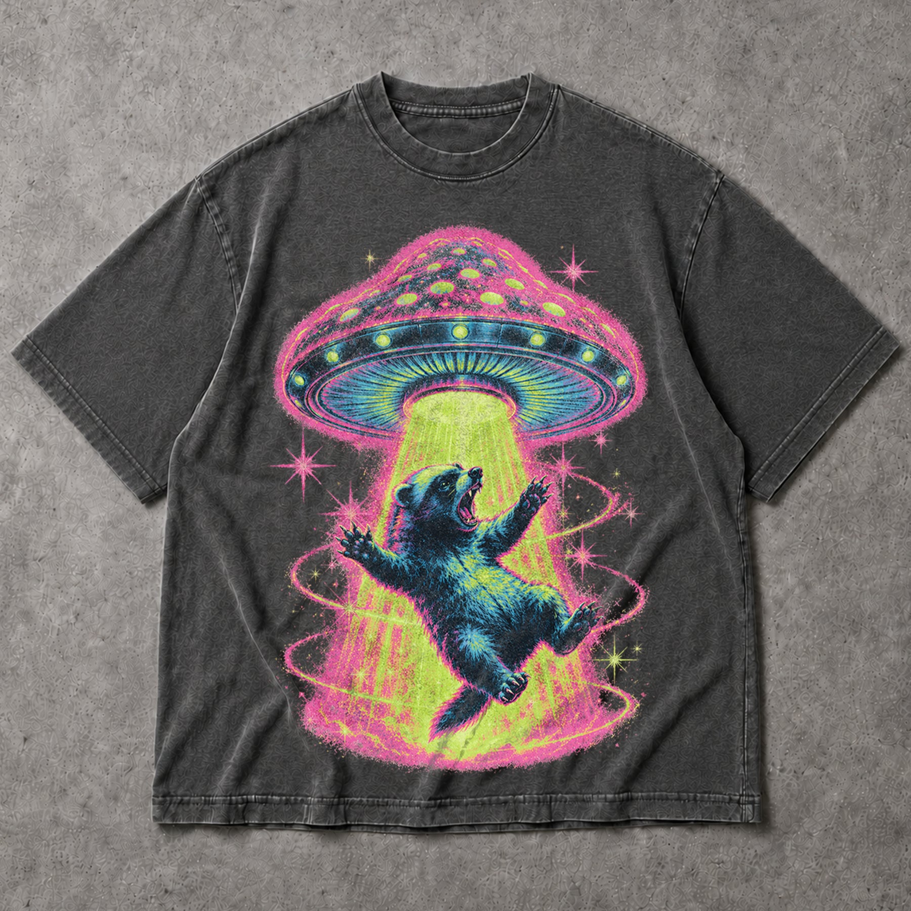 SF_COLOR=dark-heather; SF_ITEM=adult-t-shirt; SF_ROLE=main; Neon UFO Abduction Bear T-Shirt Psychedelic Sci Fi Funny Animal Space Tee - Dark Heather Adult T-Shirt product image