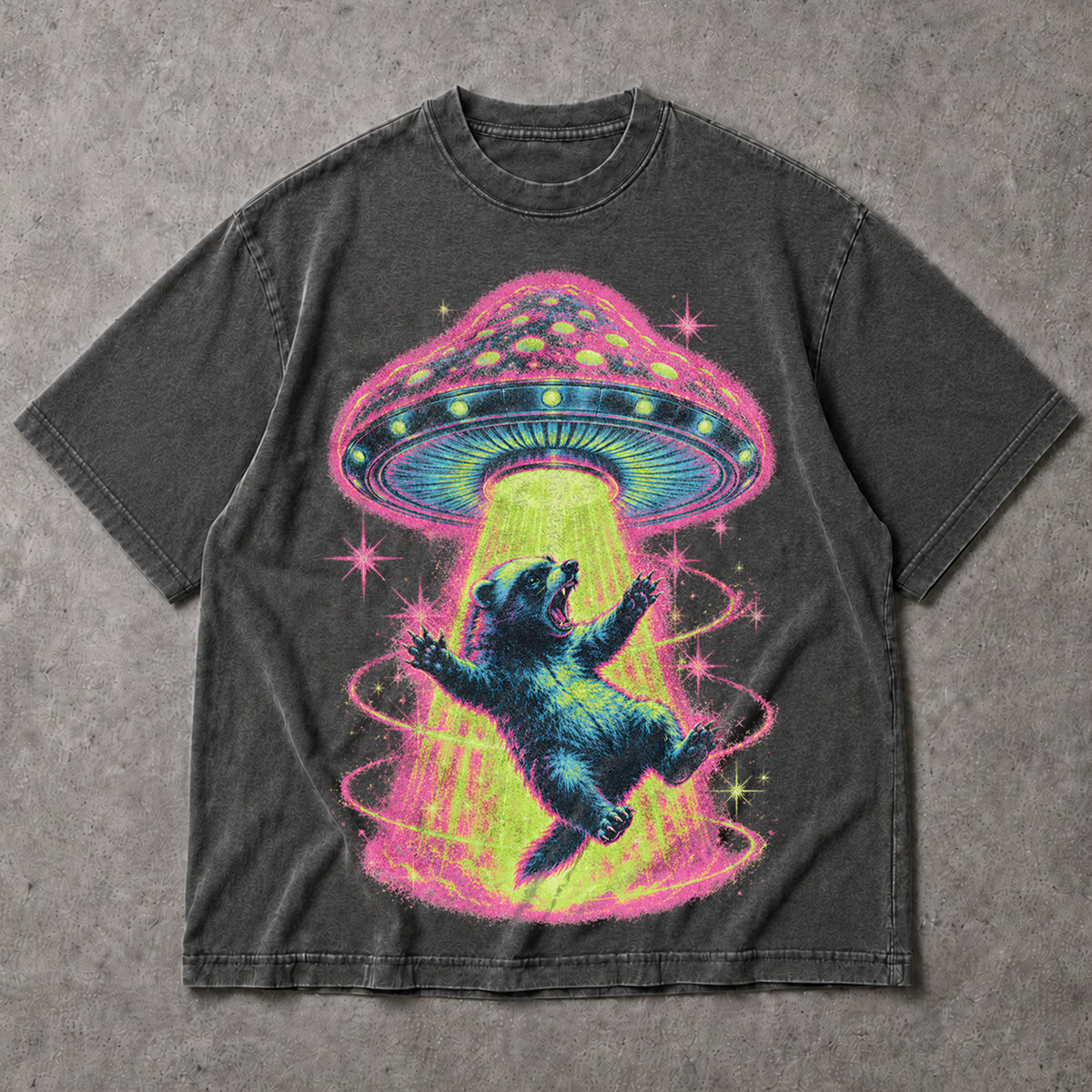 SF_COLOR=dark-heather; SF_ITEM=adult-t-shirt; SF_ROLE=main; Neon UFO Abduction Bear T-Shirt Psychedelic Sci Fi Funny Animal Space Tee - Dark Heather Adult T-Shirt product image