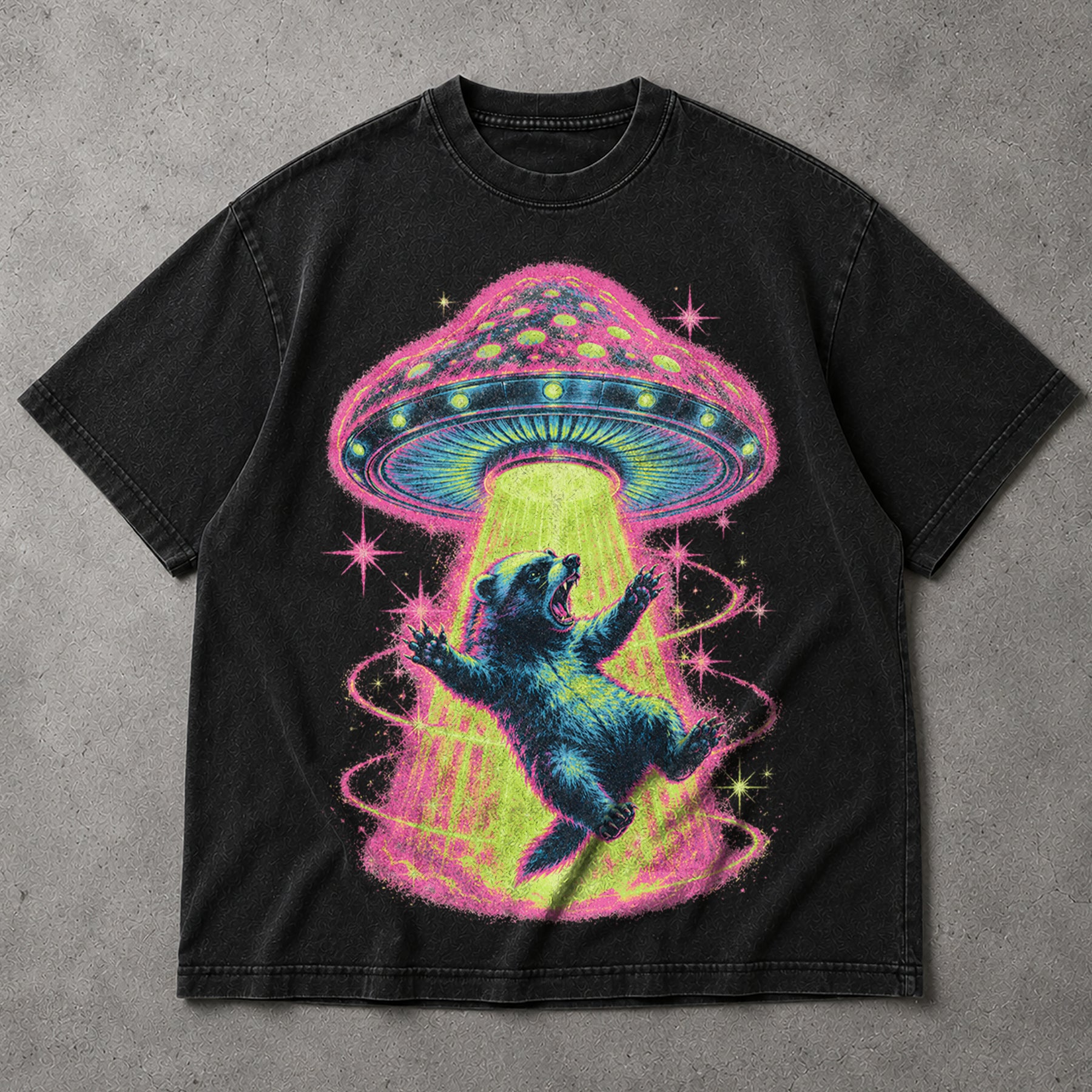 SF_COLOR=black; SF_ITEM=adult-t-shirt; SF_ROLE=main; Neon UFO Abduction Bear T-Shirt Psychedelic Sci Fi Funny Animal Space Tee - Black Adult T-Shirt product image