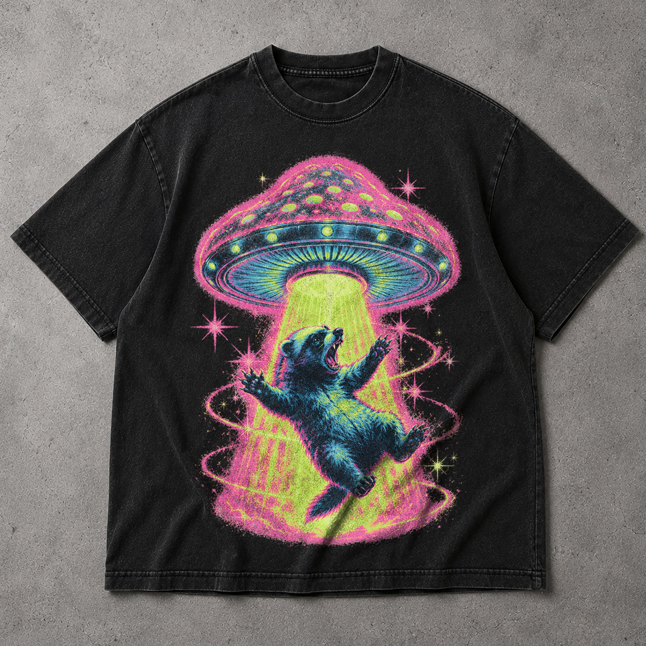 SF_COLOR=black; SF_ITEM=adult-t-shirt; SF_ROLE=main; Neon UFO Abduction Bear T-Shirt Psychedelic Sci Fi Funny Animal Space Tee - Black Adult T-Shirt product image