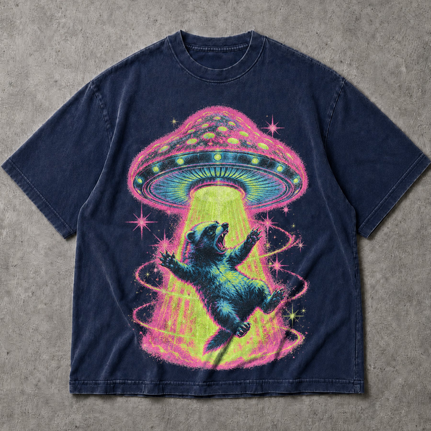 SF_COLOR=navy; SF_ITEM=adult-t-shirt; SF_ROLE=main; Neon UFO Abduction Bear T-Shirt Psychedelic Sci Fi Funny Animal Space Tee - Navy Adult T-Shirt product image