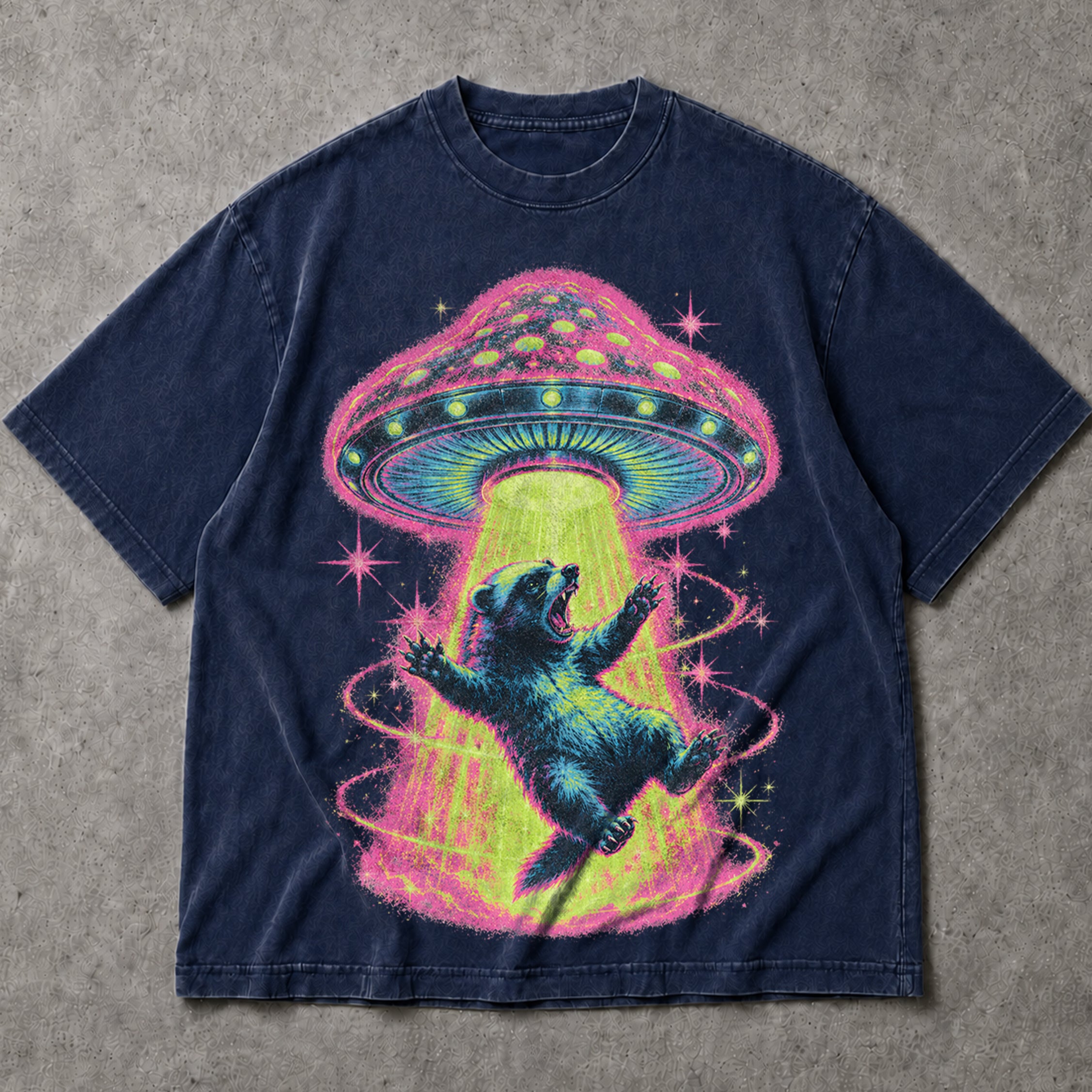 SF_COLOR=navy; SF_ITEM=adult-t-shirt; SF_ROLE=main; Neon UFO Abduction Bear T-Shirt Psychedelic Sci Fi Funny Animal Space Tee - Navy Adult T-Shirt product image