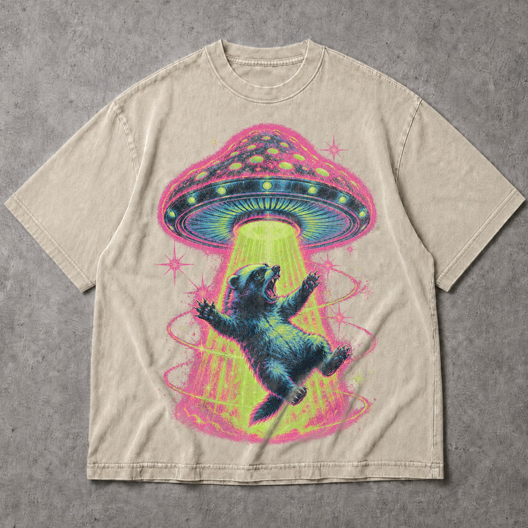 SF_COLOR=sand; SF_ITEM=adult-t-shirt; SF_ROLE=main; Neon UFO Abduction Bear T-Shirt Psychedelic Sci Fi Funny Animal Space Tee - Sand Adult T-Shirt product image