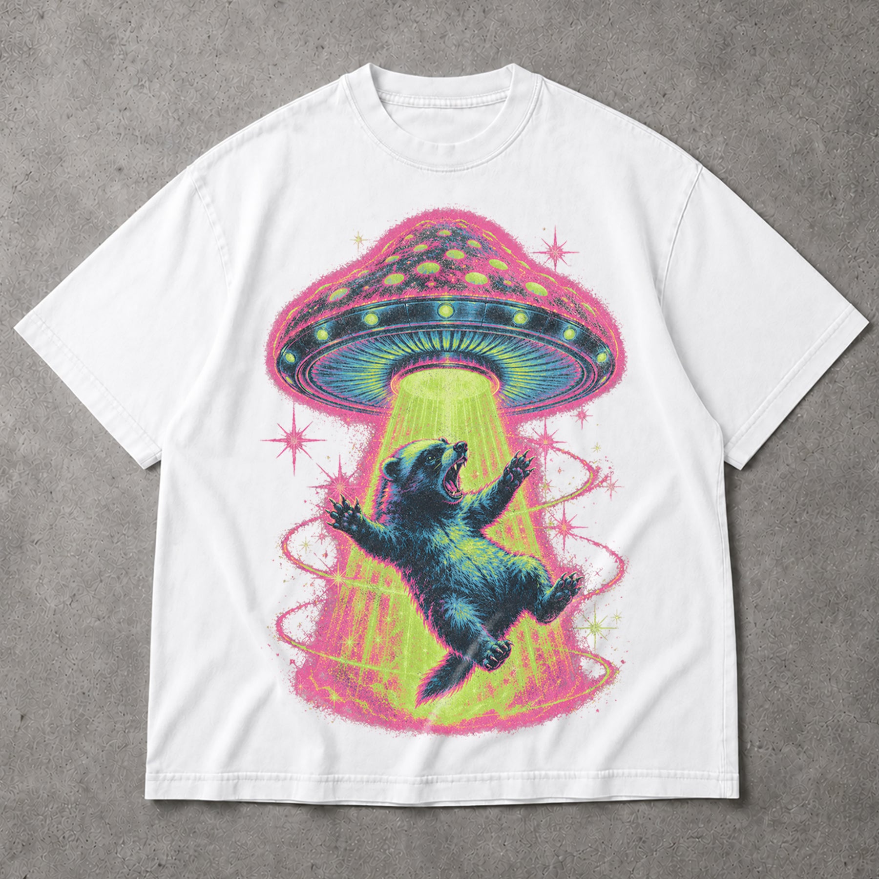 SF_COLOR=white; SF_ITEM=adult-t-shirt; SF_ROLE=main; Neon UFO Abduction Bear T-Shirt Psychedelic Sci Fi Funny Animal Space Tee - White Adult T-Shirt product image