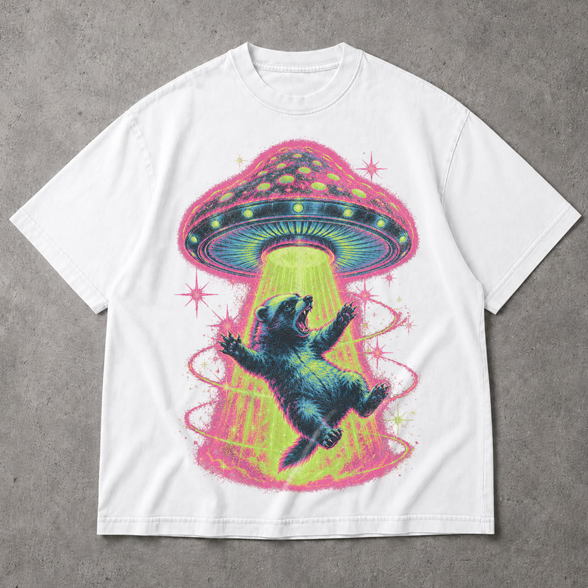 SF_COLOR=white; SF_ITEM=adult-t-shirt; SF_ROLE=main; Neon UFO Abduction Bear T-Shirt Psychedelic Sci Fi Funny Animal Space Tee - White Adult T-Shirt product image