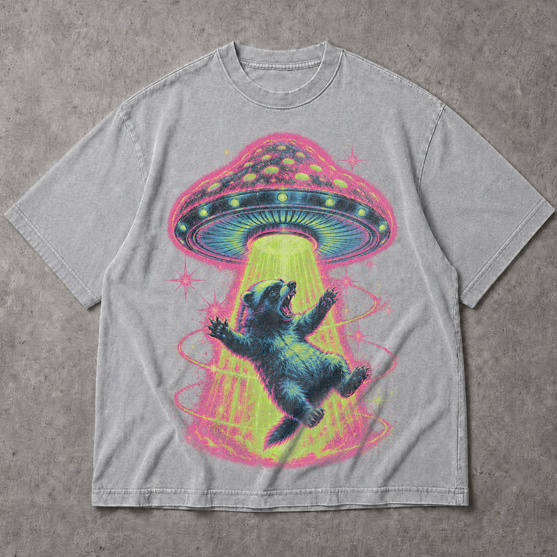 SF_COLOR=sport-grey; SF_ITEM=adult-t-shirt; SF_ROLE=main; Neon UFO Abduction Bear T-Shirt Psychedelic Sci Fi Funny Animal Space Tee - Sport Grey Adult T-Shirt product image