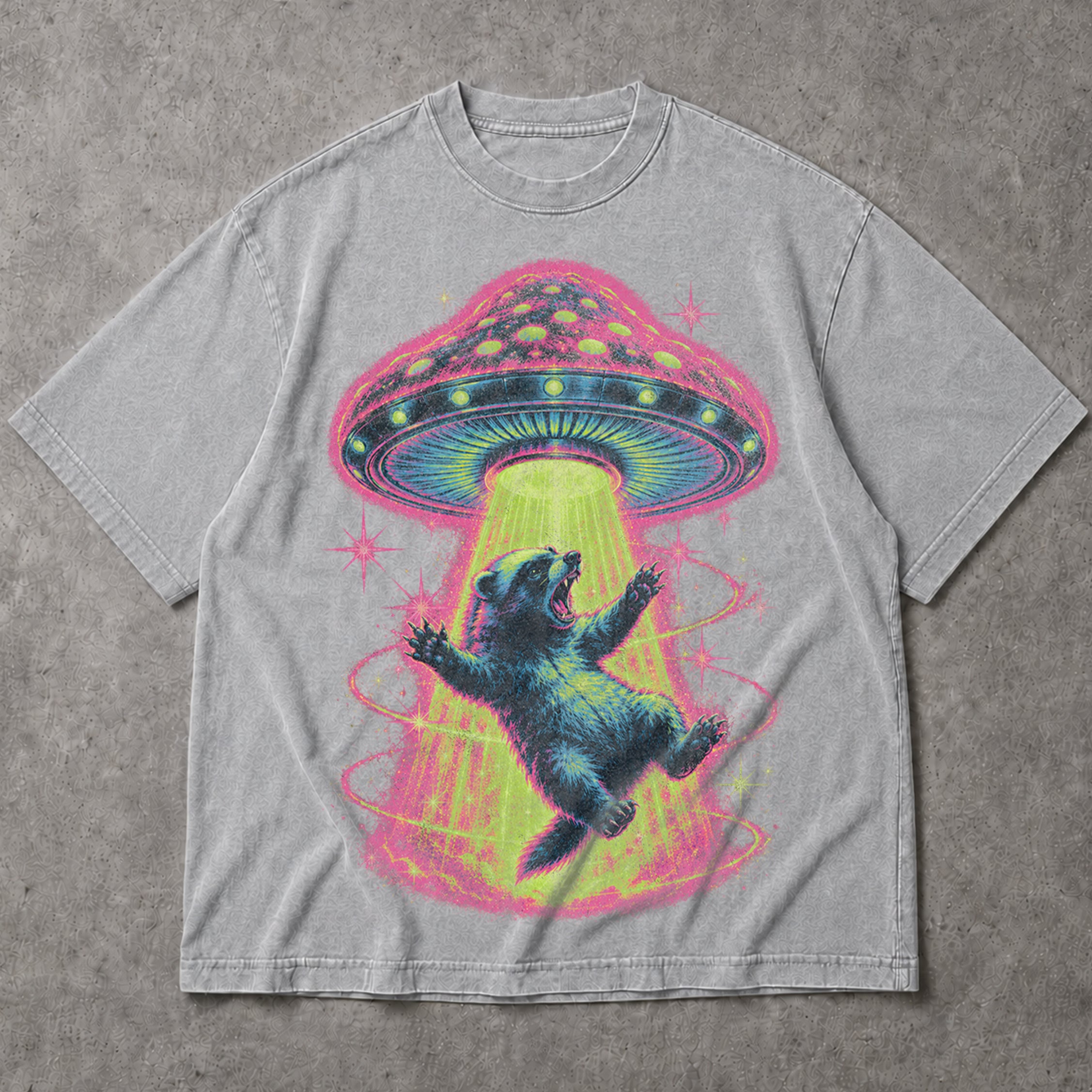 SF_COLOR=sport-grey; SF_ITEM=adult-t-shirt; SF_ROLE=main; Neon UFO Abduction Bear T-Shirt Psychedelic Sci Fi Funny Animal Space Tee - Sport Grey Adult T-Shirt product image