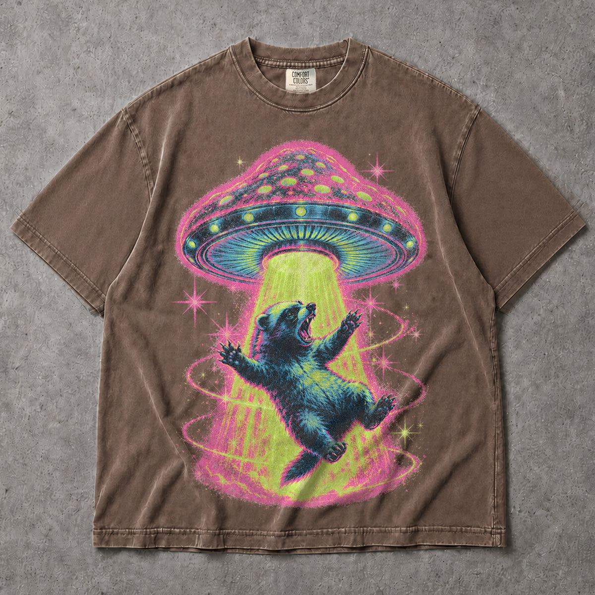 SF_COLOR=sport-grey|espresso; SF_ITEM=adult-t-shirt; SF_ROLE=main; Neon UFO Abduction Bear T-Shirt Psychedelic Sci Fi Funny Animal Space Tee - Sport Grey, Espresso Adult T-Shirt product image