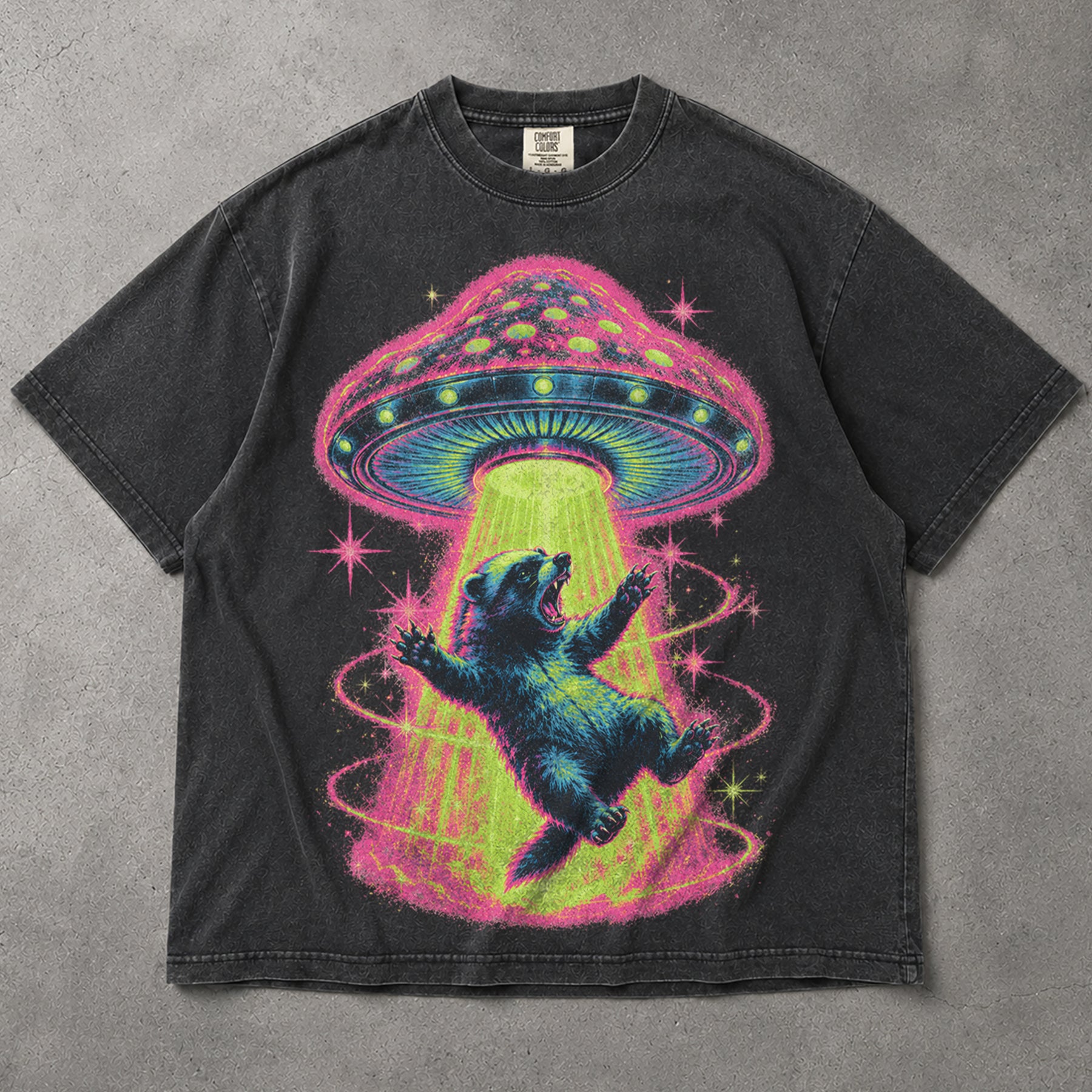 SF_COLOR=graphite; SF_ITEM=adult-t-shirt; SF_ROLE=main; Neon UFO Abduction Bear T-Shirt Psychedelic Sci Fi Funny Animal Space Tee - Graphite Adult T-Shirt product image