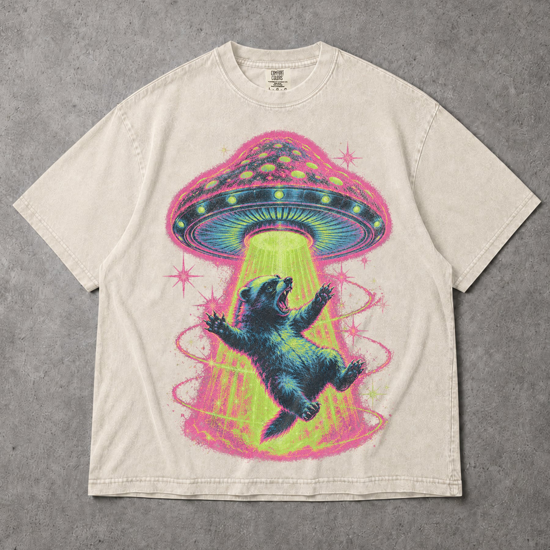 SF_COLOR=ivory; SF_ITEM=adult-t-shirt; SF_ROLE=gallery; Neon UFO Abduction Bear T-Shirt Psychedelic Sci Fi Funny Animal Space Tee - Ivory Adult T-Shirt product image