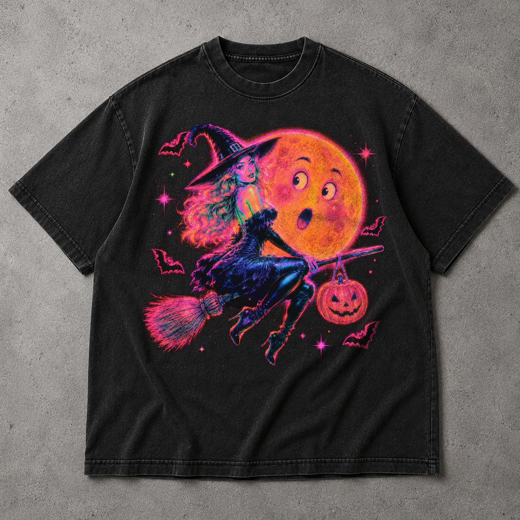 SF_COLOR=black; SF_ITEM=adult-t-shirt; SF_ROLE=main; Neon Witch Riding Broom T-Shirt Funny Moon Face Bats Spooky Halloween Tee - Black Adult T-Shirt product image