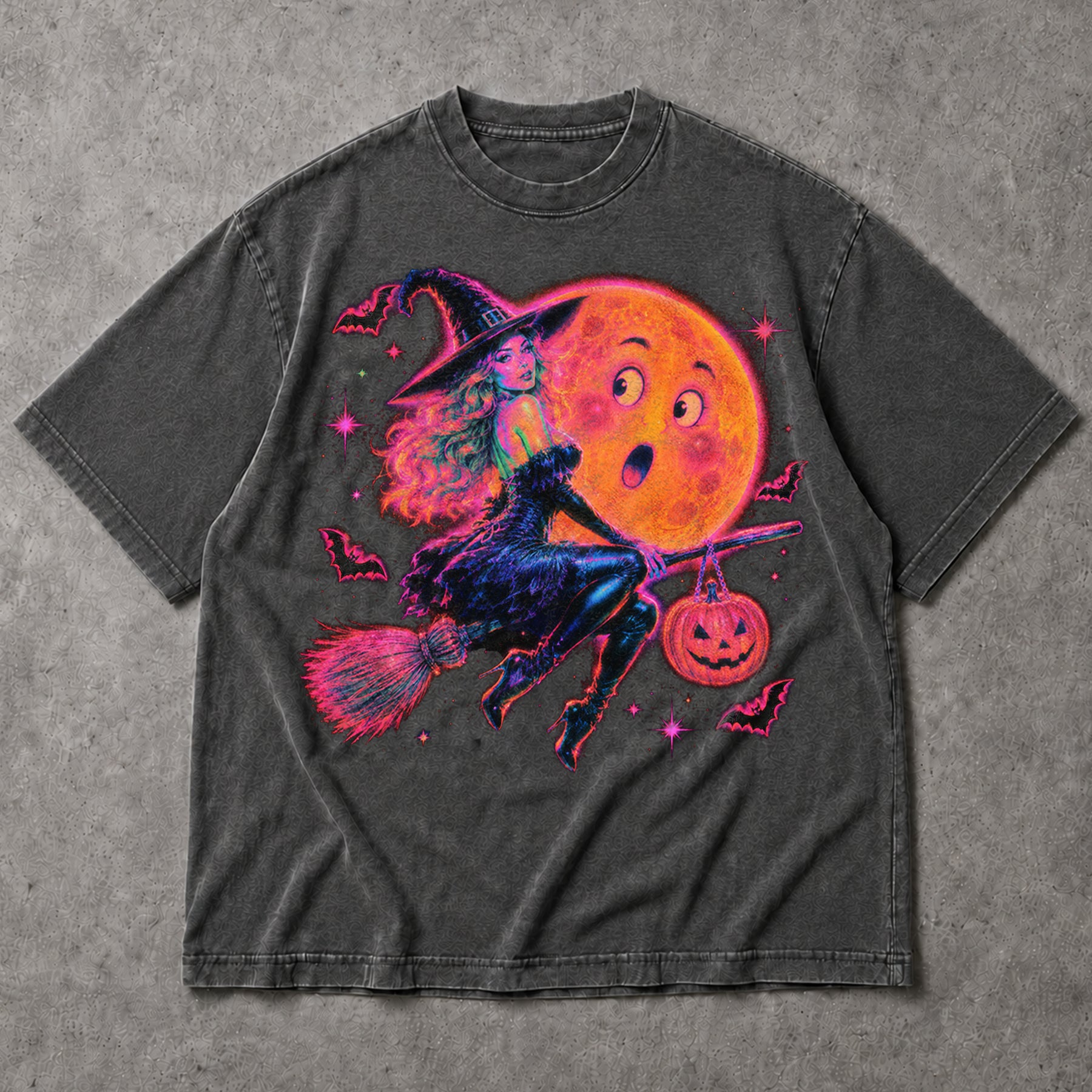 SF_COLOR=dark-heather; SF_ITEM=adult-t-shirt; SF_ROLE=main; Neon Witch Riding Broom T-Shirt Funny Moon Face Bats Spooky Halloween Tee - Dark Heather Adult T-Shirt product image