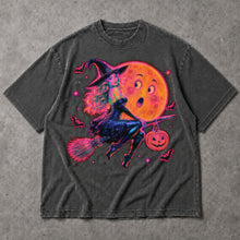 SF_COLOR=dark-heather; SF_ITEM=adult-t-shirt; SF_ROLE=main; Neon Witch Riding Broom T-Shirt Funny Moon Face Bats Spooky Halloween Tee - Dark Heather Adult T-Shirt product image