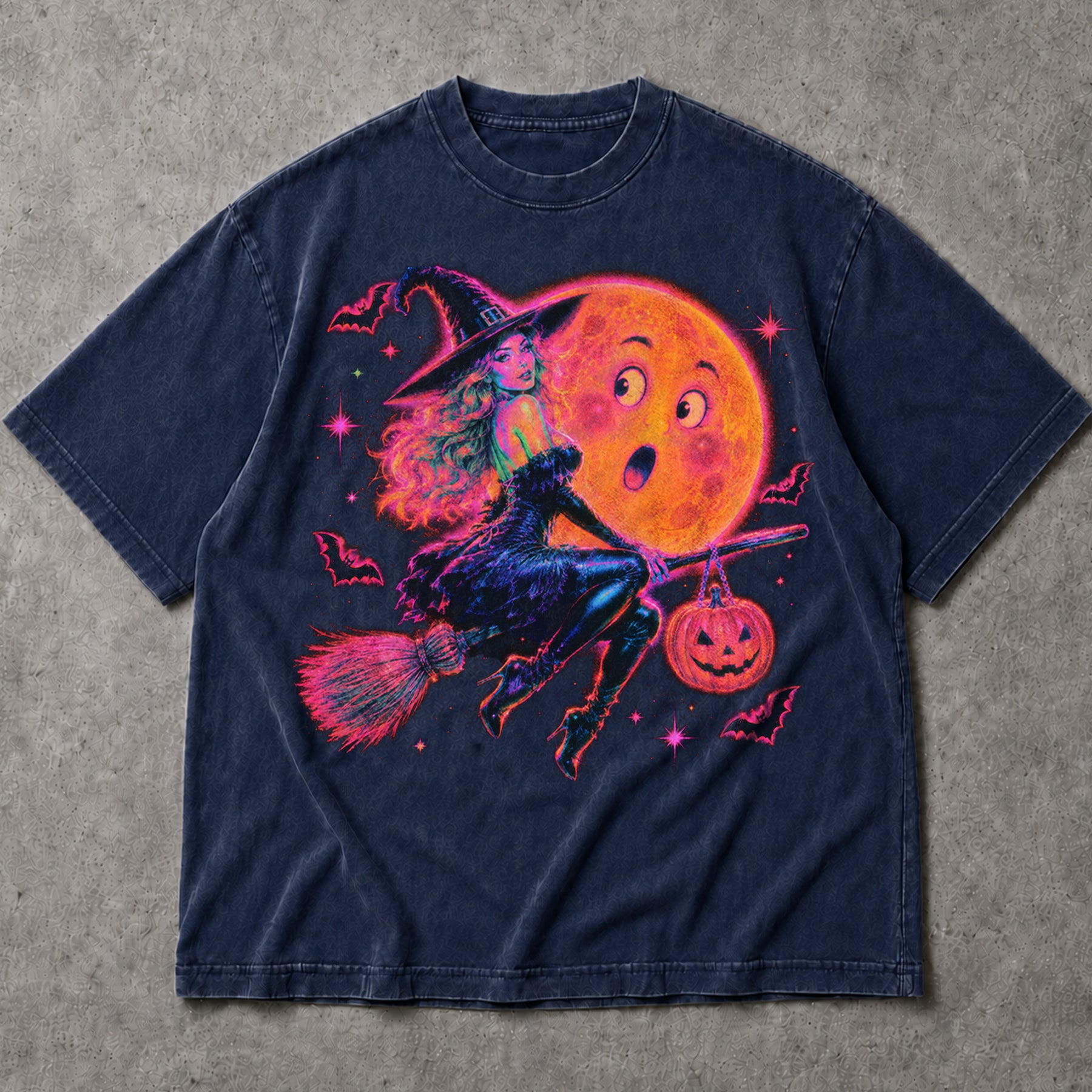 SF_COLOR=navy; SF_ITEM=adult-t-shirt; SF_ROLE=main; Neon Witch Riding Broom T-Shirt Funny Moon Face Bats Spooky Halloween Tee - Navy Adult T-Shirt product image