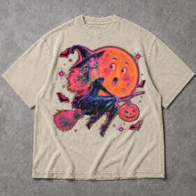 SF_COLOR=sand; SF_ITEM=adult-t-shirt; SF_ROLE=main; Neon Witch Riding Broom T-Shirt Funny Moon Face Bats Spooky Halloween Tee - Sand Adult T-Shirt product image