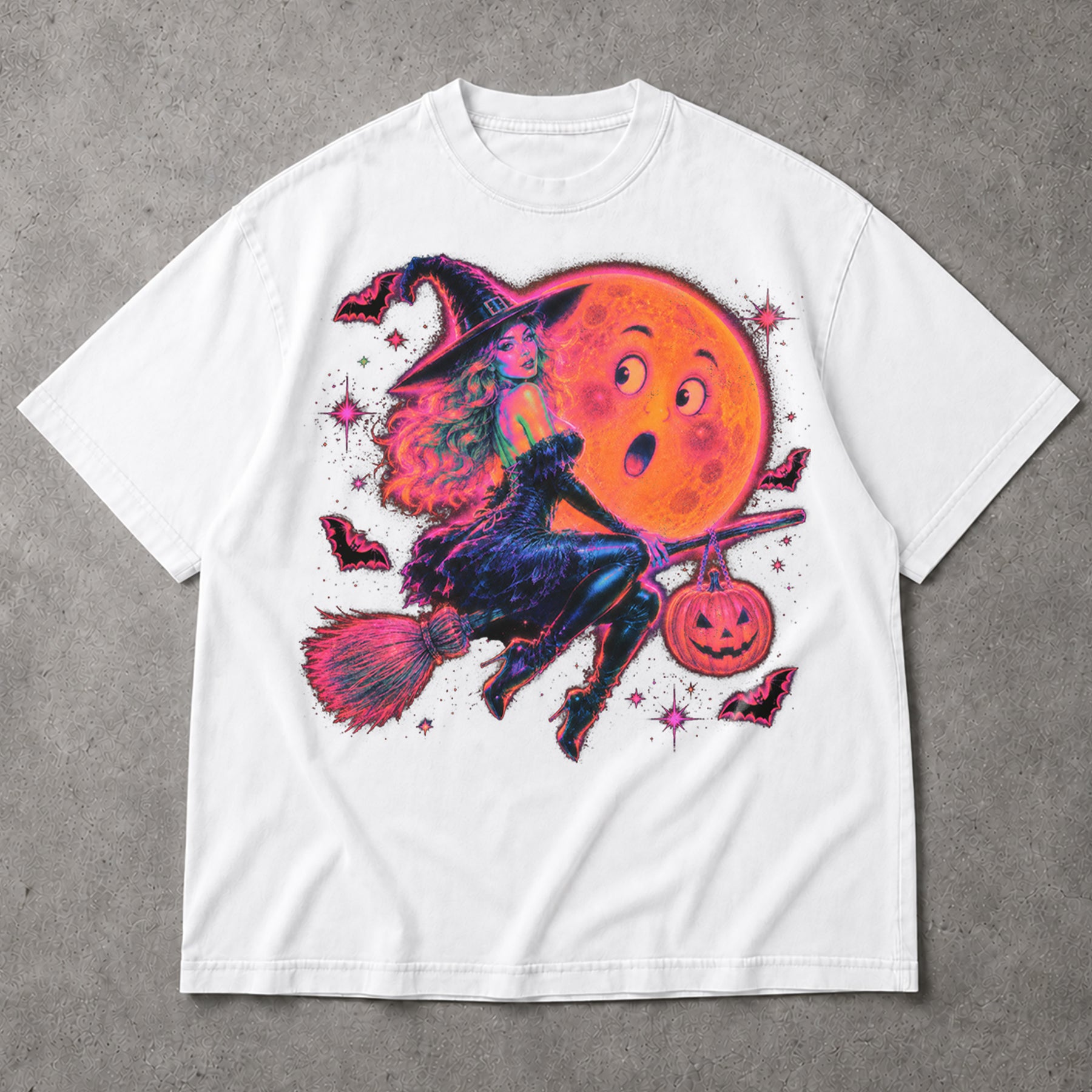 SF_COLOR=white; SF_ITEM=adult-t-shirt; SF_ROLE=main; Neon Witch Riding Broom T-Shirt Funny Moon Face Bats Spooky Halloween Tee - White Adult T-Shirt product image