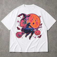 SF_COLOR=white; SF_ITEM=adult-t-shirt; SF_ROLE=main; Neon Witch Riding Broom T-Shirt Funny Moon Face Bats Spooky Halloween Tee - White Adult T-Shirt product image