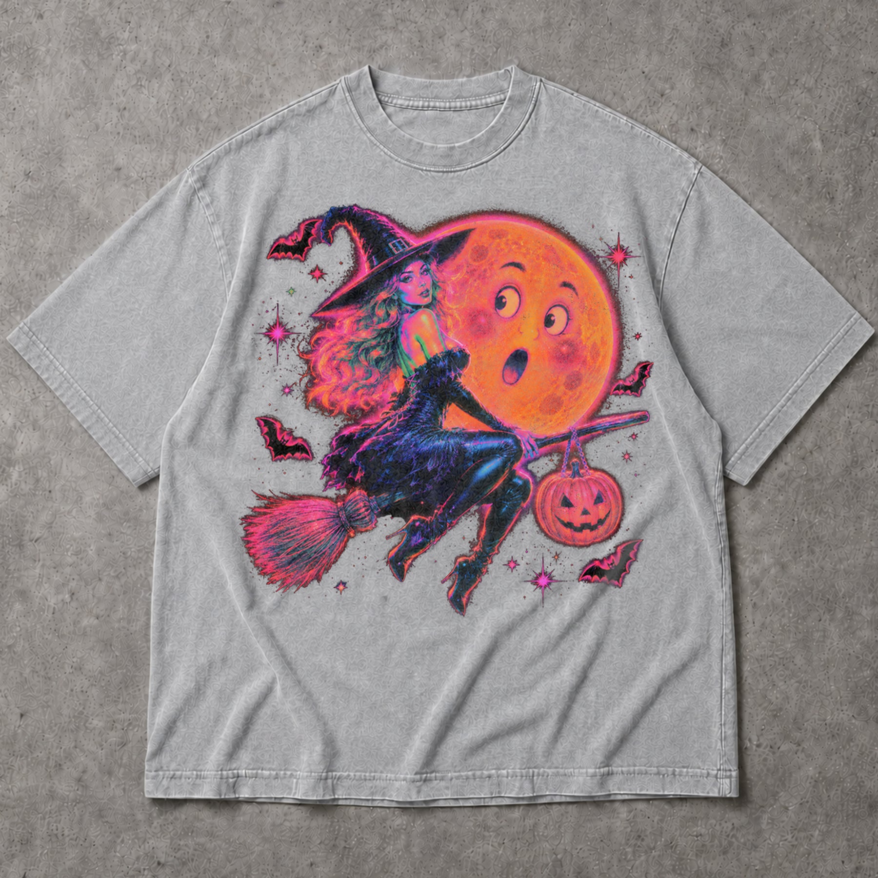 SF_COLOR=sport-grey; SF_ITEM=adult-t-shirt; SF_ROLE=main; Neon Witch Riding Broom T-Shirt Funny Moon Face Bats Spooky Halloween Tee - Sport Grey Adult T-Shirt product image