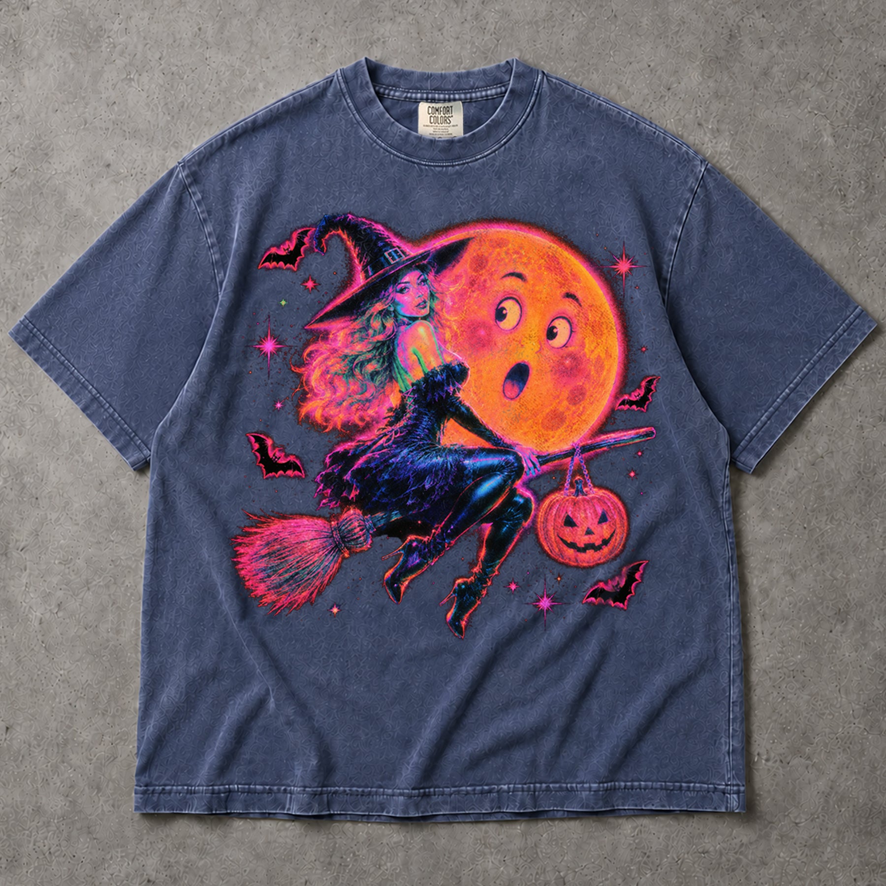 SF_COLOR=sport-grey|denim; SF_ITEM=adult-t-shirt; SF_ROLE=main; Neon Witch Riding Broom T-Shirt Funny Moon Face Bats Spooky Halloween Tee - Sport Grey, Denim Adult T-Shirt product image