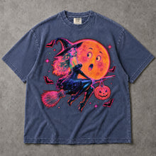 SF_COLOR=sport-grey|denim; SF_ITEM=adult-t-shirt; SF_ROLE=main; Neon Witch Riding Broom T-Shirt Funny Moon Face Bats Spooky Halloween Tee - Sport Grey, Denim Adult T-Shirt product image