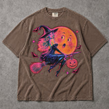 SF_COLOR=sport-grey|espresso; SF_ITEM=adult-t-shirt; SF_ROLE=main; Neon Witch Riding Broom T-Shirt Funny Moon Face Bats Spooky Halloween Tee - Sport Grey, Espresso Adult T-Shirt product image