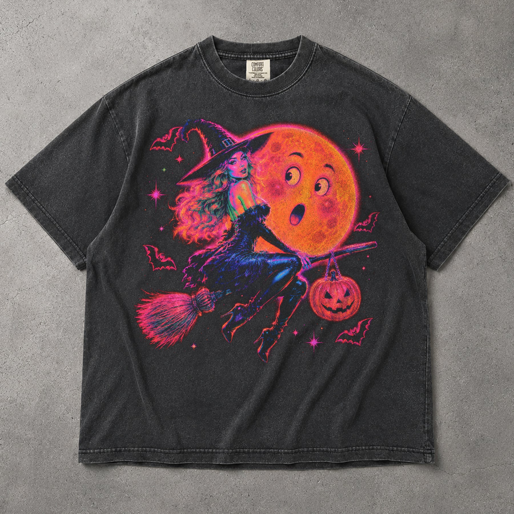 SF_COLOR=graphite; SF_ITEM=adult-t-shirt; SF_ROLE=main; Neon Witch Riding Broom T-Shirt Funny Moon Face Bats Spooky Halloween Tee - Graphite Adult T-Shirt product image