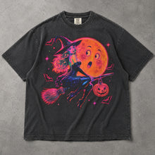 SF_COLOR=graphite; SF_ITEM=adult-t-shirt; SF_ROLE=main; Neon Witch Riding Broom T-Shirt Funny Moon Face Bats Spooky Halloween Tee - Graphite Adult T-Shirt product image