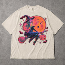 SF_COLOR=ivory; SF_ITEM=adult-t-shirt; SF_ROLE=gallery; Neon Witch Riding Broom T-Shirt Funny Moon Face Bats Spooky Halloween Tee - Ivory Adult T-Shirt product image